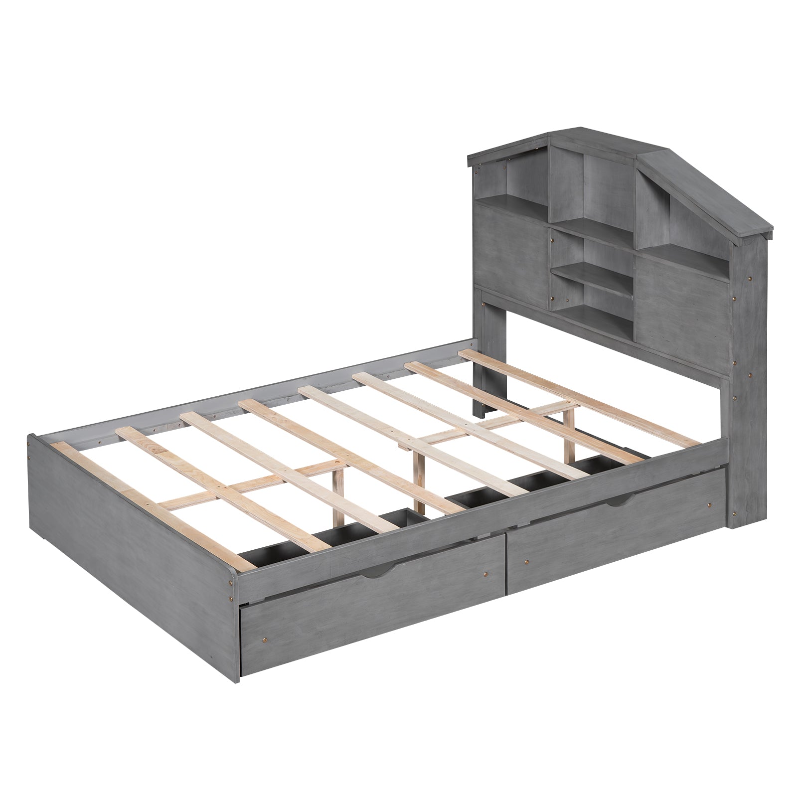 Full Size Wood Platform Bed With House Shaped Storage Headboard And 2 Drawers, Gray Box Spring Not Required Full Gray Wood Bedroom Solid Wood Mdf