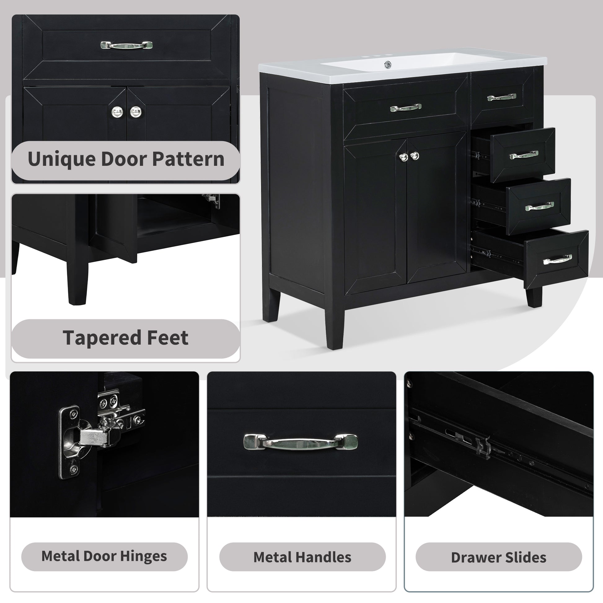 36" Bathroom Vanity With Sink Combo, Black Bathroom Cabinet With Drawers, Solid Frame And Mdf Board Black Solid Wood Mdf