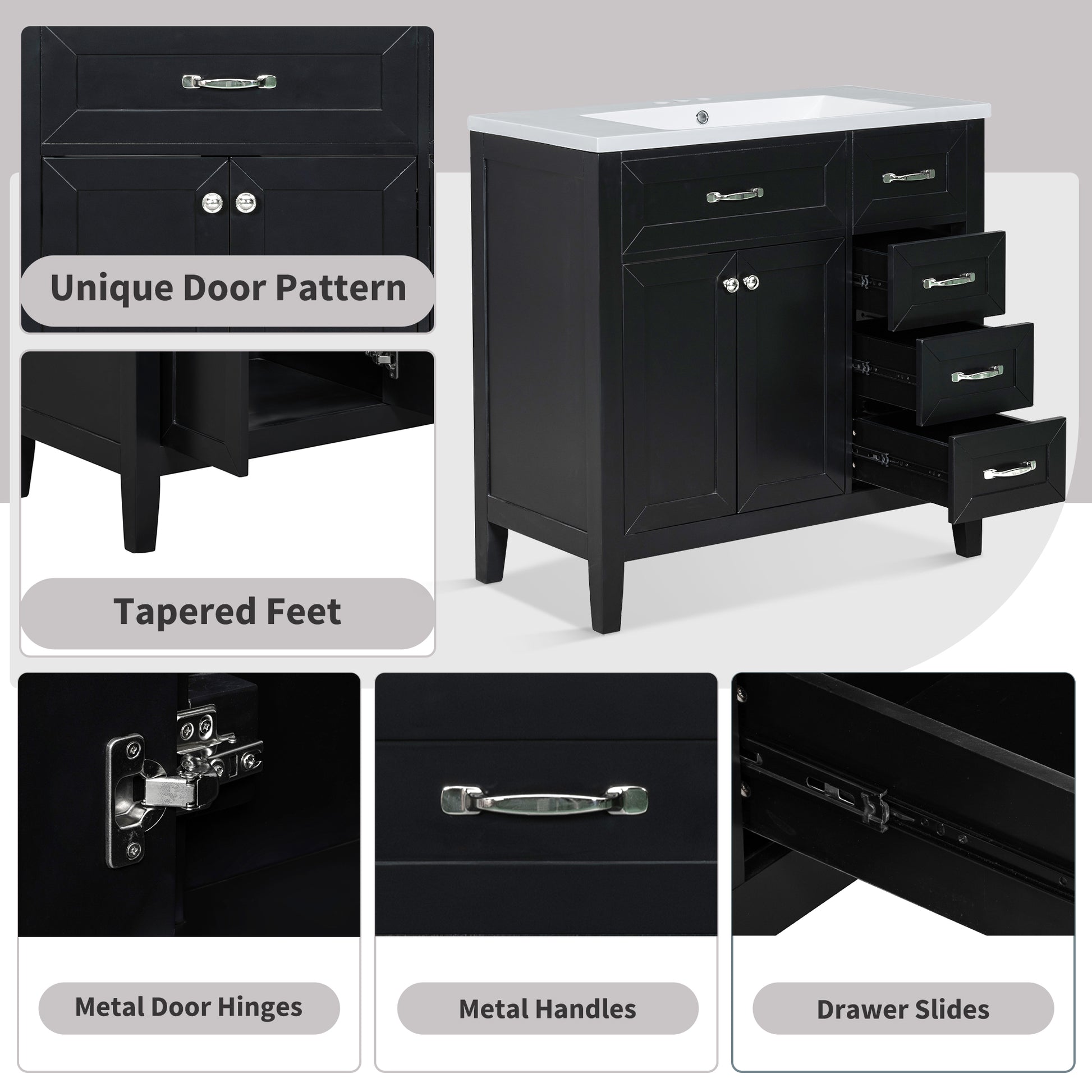 36" Bathroom Vanity With Sink Combo, Black Bathroom Cabinet With Drawers, Solid Frame And Mdf Board Old Sku:Jl000007Aab Black Solid Wood Mdf