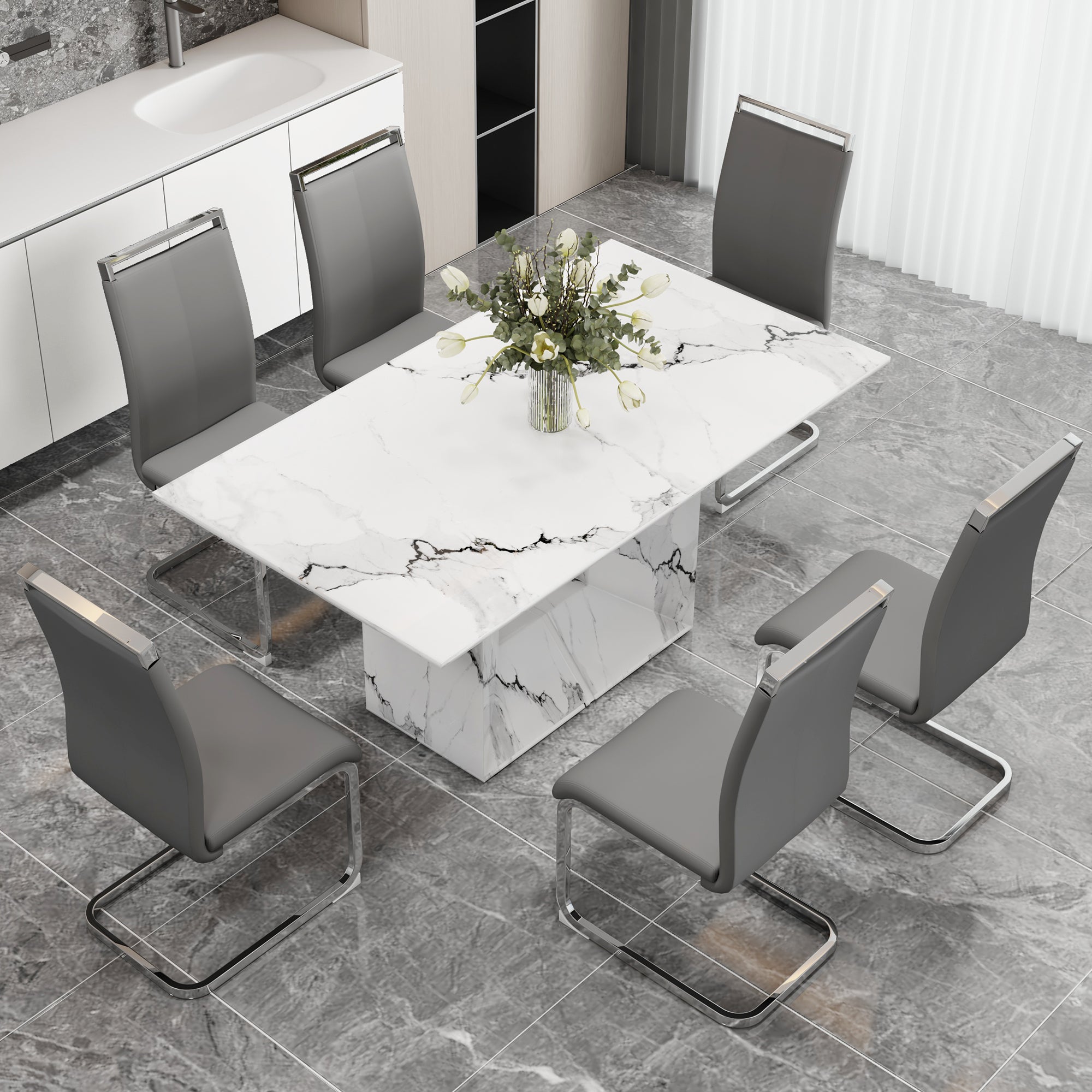 A Simple Dining Table. A Dining Table With A White Marble Pattern. 6 Pu Synthetic Leather High Backrest Cushioned Side Chairs With C Shaped Silver Metal Legs. Dt Sq 16090 Whc 1162 White Mdf