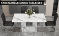 A Simple Dining Table. A Dining Table With A White Marble Pattern. 6 Pu Synthetic Leather High Backrest Cushioned Side Chairs With C Shaped Silver Metal Legs. Dt Sq 16090 Whc 1162 White Mdf