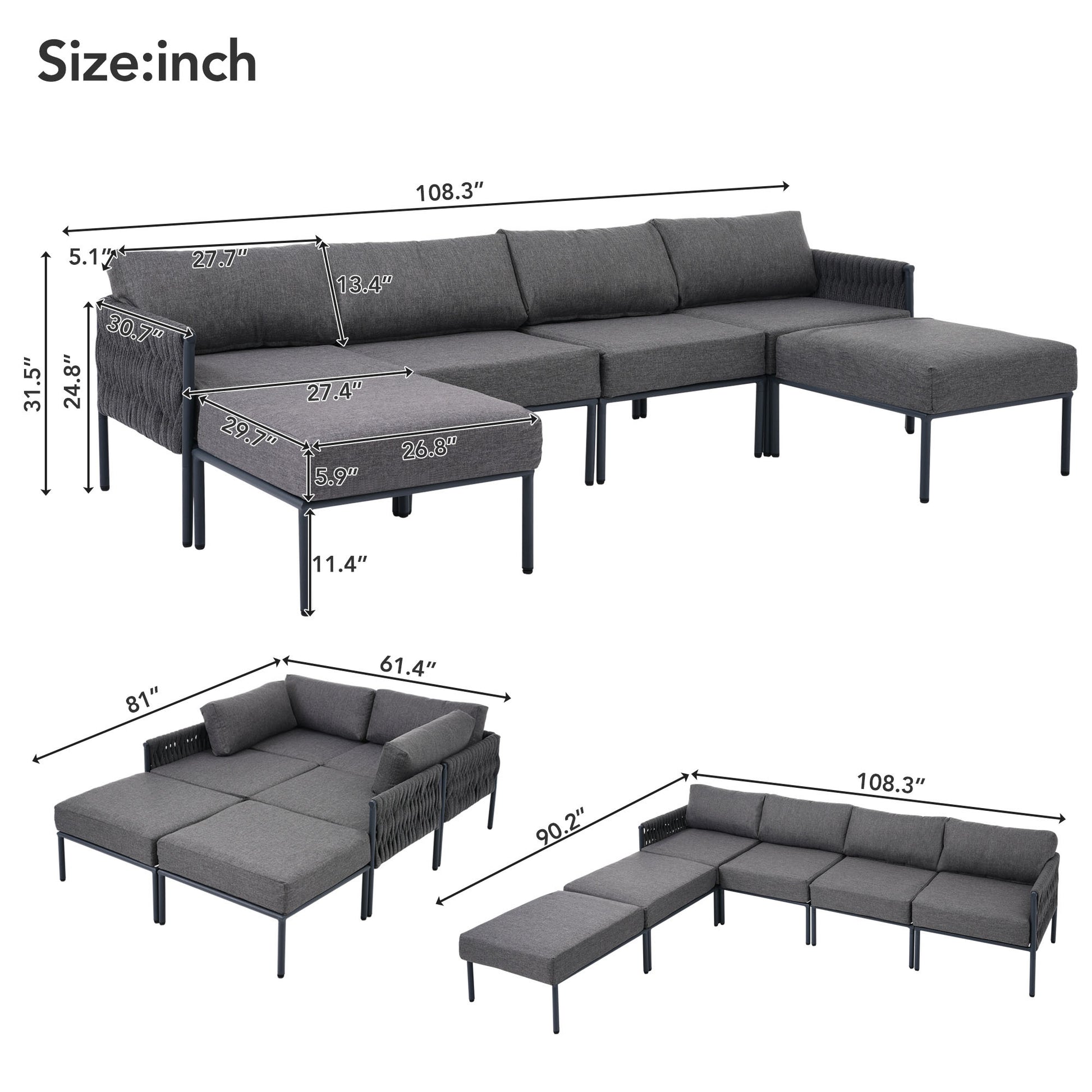 6 Pieces Aluminum Patio Furniture Set, Modern Metal Outdoor Conversation Set Sectional Sofa With Removable Olefin Extra Thick Cushions 5.9" Cushion, Grey Yes Complete Patio Set Gray Seats 6 Weather Resistant Frame Garden & Outdoor