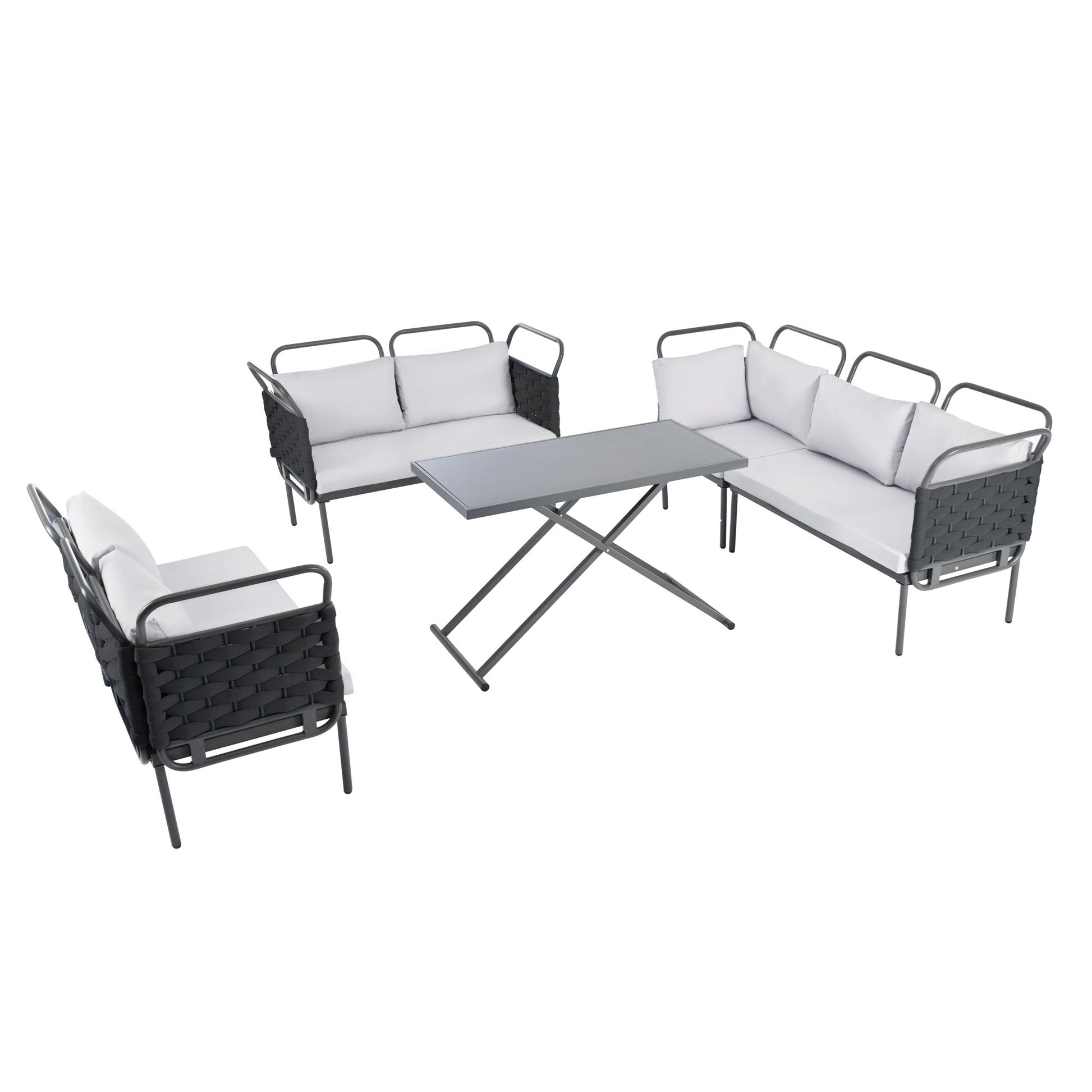 5 Piece Modern Patio Sectional Sofa Set Outdoor Woven Rope Furniture Set With Glass Table And Cushions, Black Gray Yes Sectional Grey Black Weather Resistant Frame Water Resistant Cushion Garden & Outdoor Modern Sectional Seating Groups Foam Woven Rope