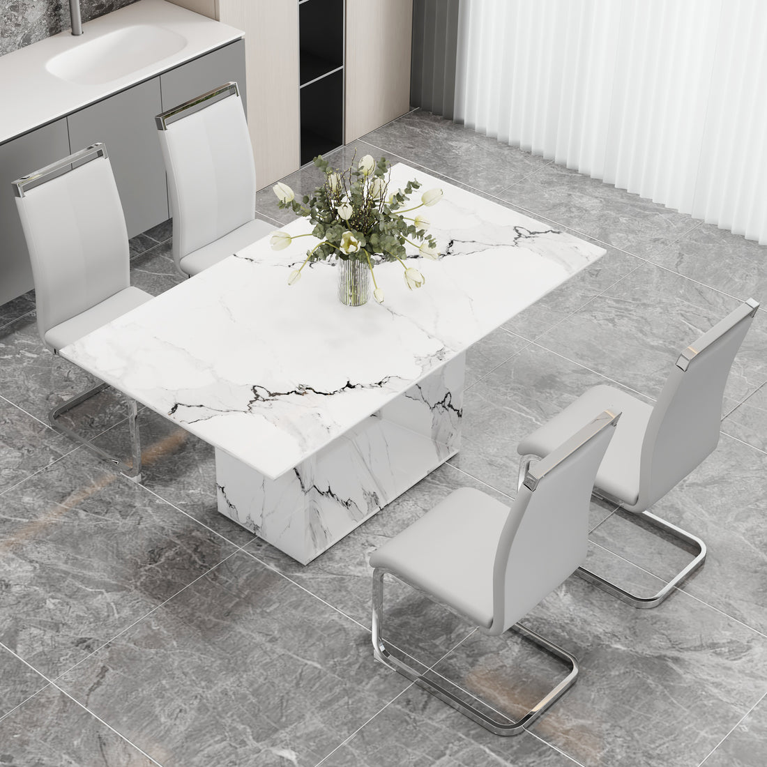 A Simple Dining Table. A Dining Table With A White Marble Pattern. 4 Pu Synthetic Leather High Backrest Cushioned Side Chairs With C Shaped Silver Metal Legs. Dt Sq 16090 Whc 1162 White Mdf