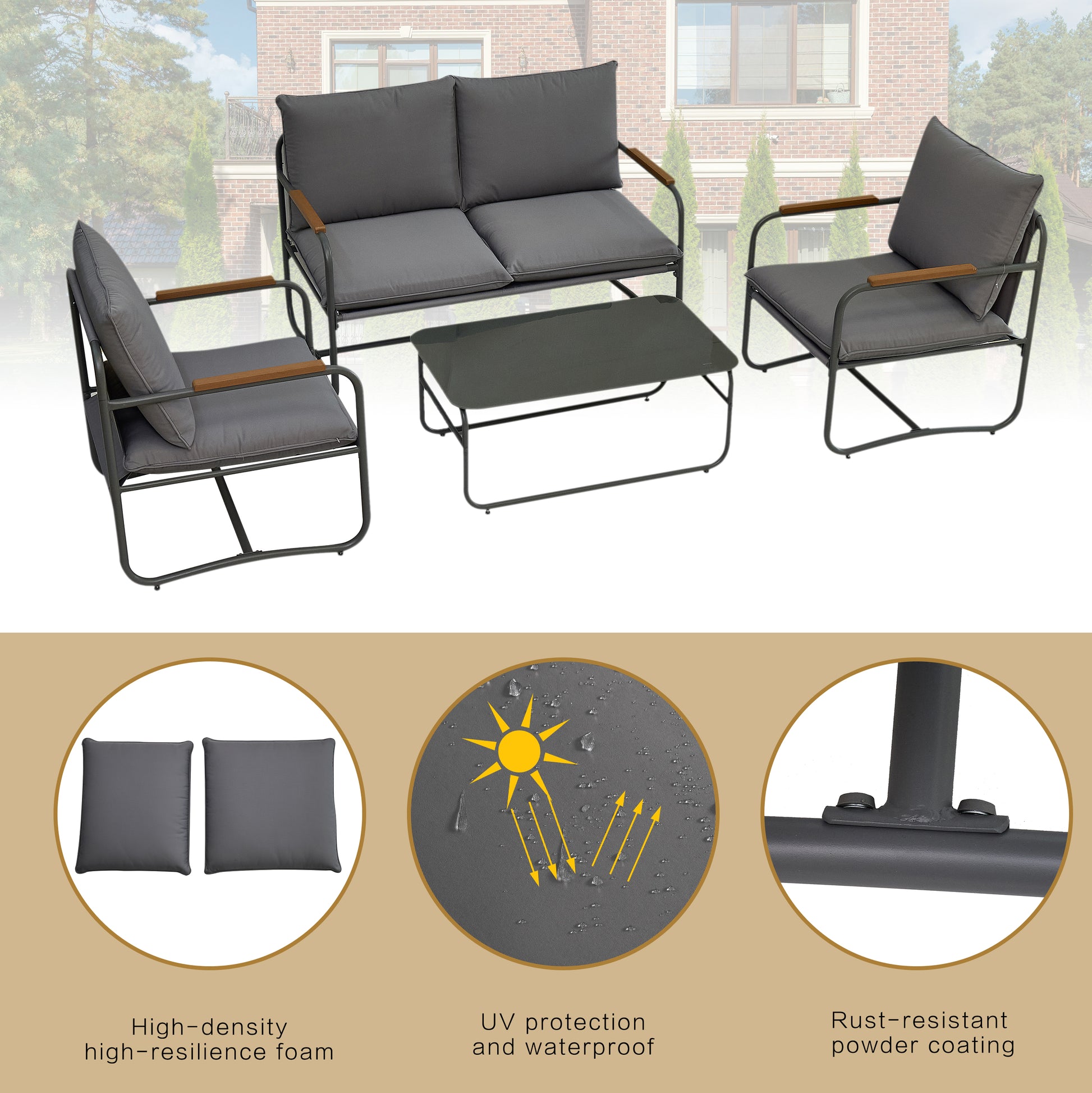 4 Piece Outdoor Patio Furniture Sets, Patio Conversation Set With Removable Seating Cushion, Courtyard Patio Set For Home, Yard, Poolside Grey Gray Aluminum