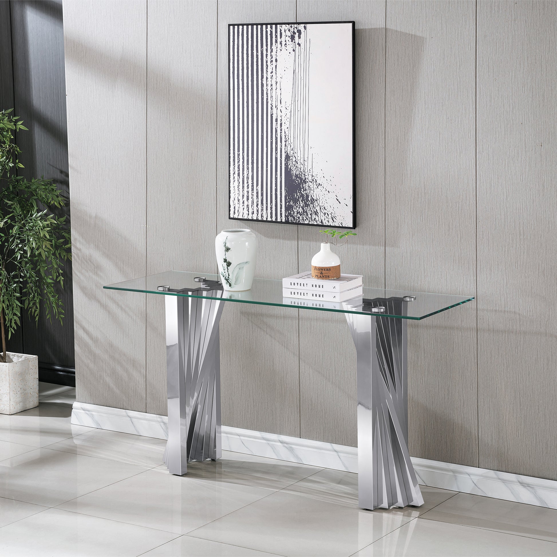 Tempered Glass Top Console Table With Silver Mirror Finish Stainless Steel Base Silver Tempered Glass