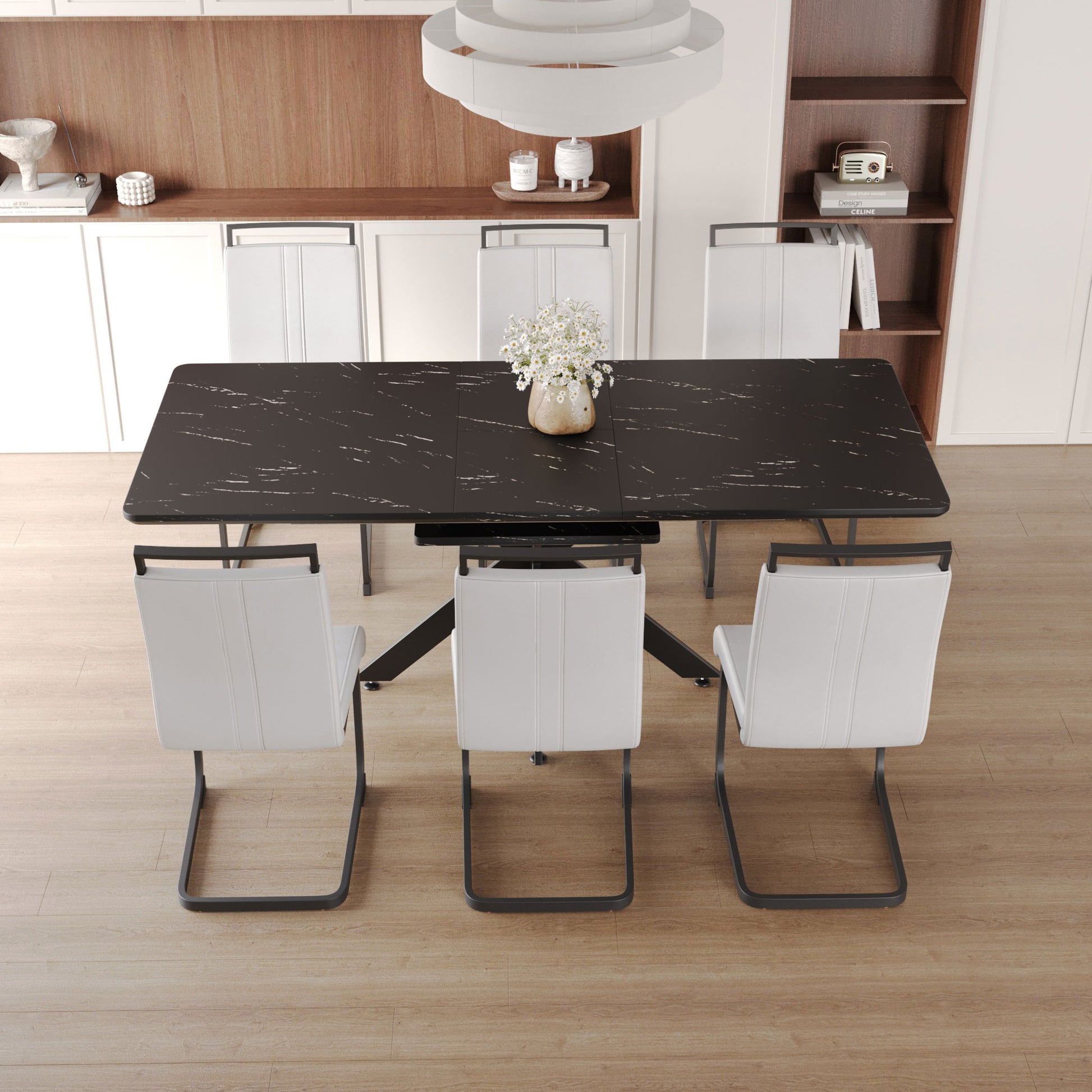 Extendable Dining Table Table Set For 6 8 Person For Dining Room,C Shaped Tube Soft Padded Armless Dining Chairs And Very Elarge Dining Room Table Kitchen Table Chair Set With Metal Legs Black White Mdf Metal