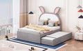 Full Size Upholstered Platform Bed With Trundle And 3 Drawers, Rabbit Shaped Headboard With Embedded Led Lights, Gray Gray Velvet