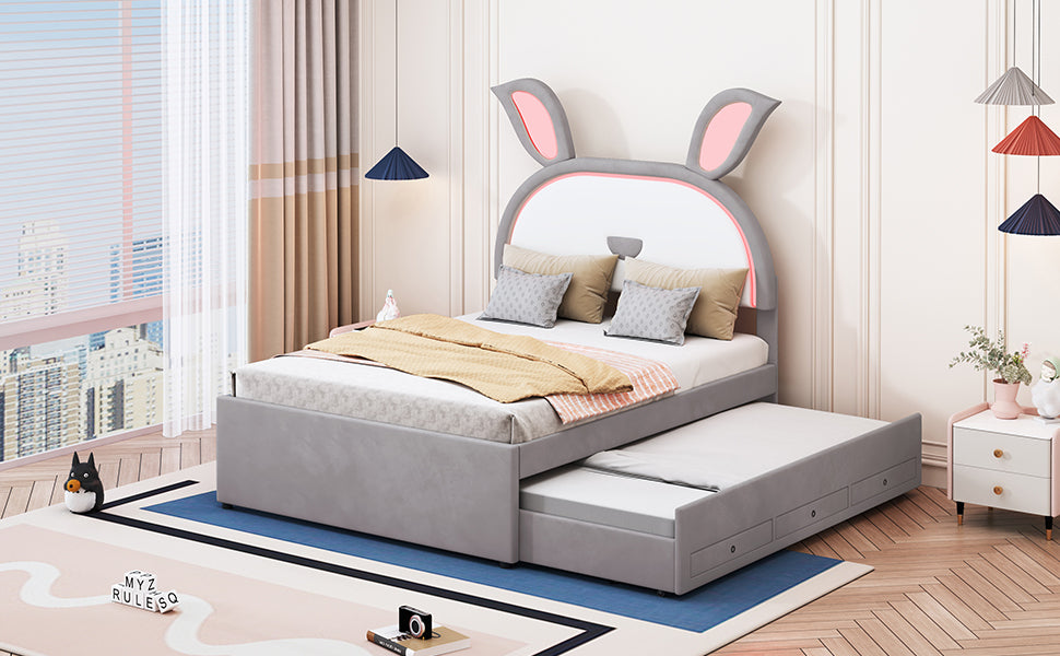 Full Size Upholstered Platform Bed With Trundle And 3 Drawers, Rabbit Shaped Headboard With Embedded Led Lights, Gray Gray Velvet