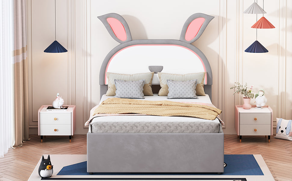 Full Size Upholstered Platform Bed With Trundle And 3 Drawers, Rabbit Shaped Headboard With Embedded Led Lights, Gray Gray Velvet