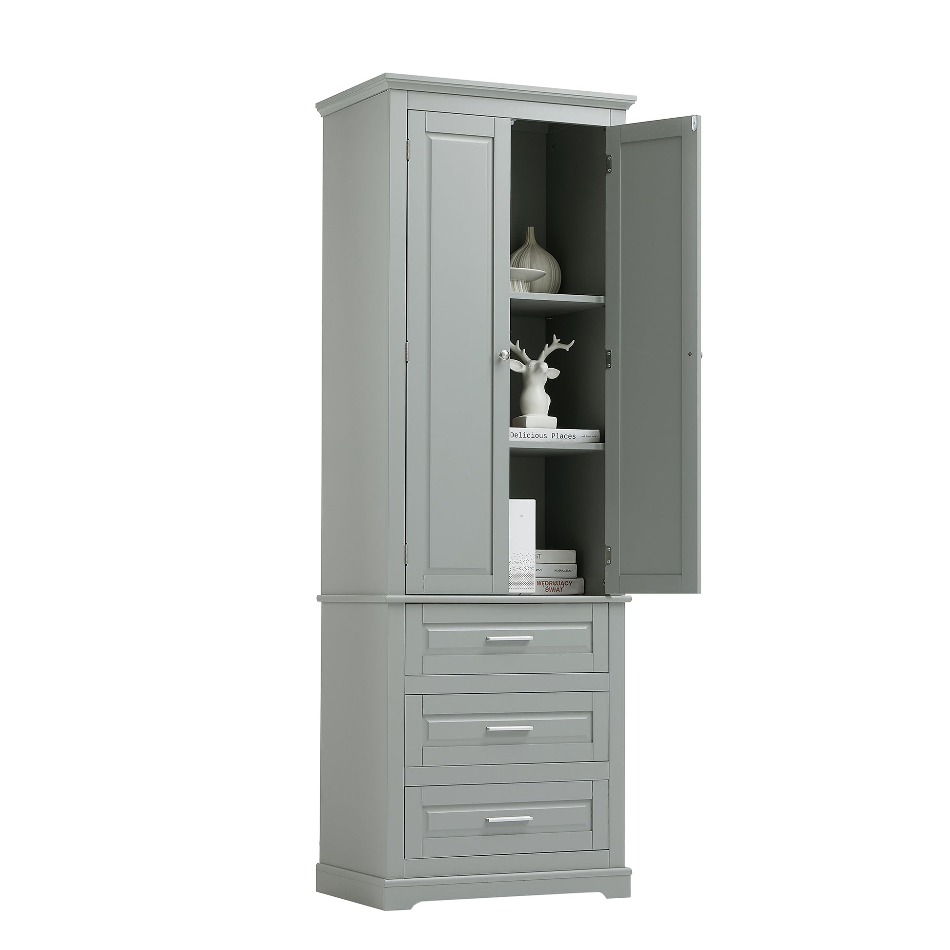 Tall Storage Cabinet With Three Drawers For Bathroom Office, Grey Grey Mdf