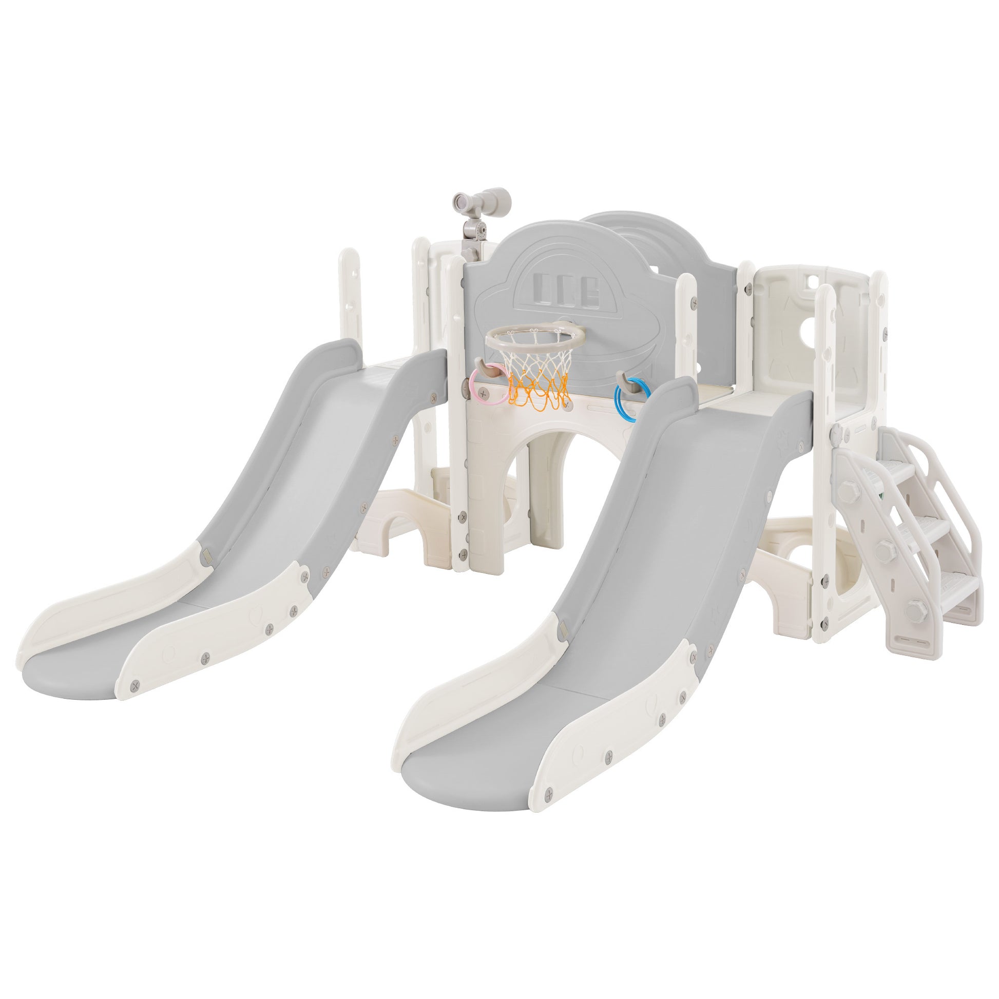 Kids Slide Playset Structure 7 In 1, Freestanding Space Set With Slide, Arch Tunnel, Ring Toss And Basketball Hoop,Double Slides For Toddlers, Kids Climbers Playground Grey White Hdpe