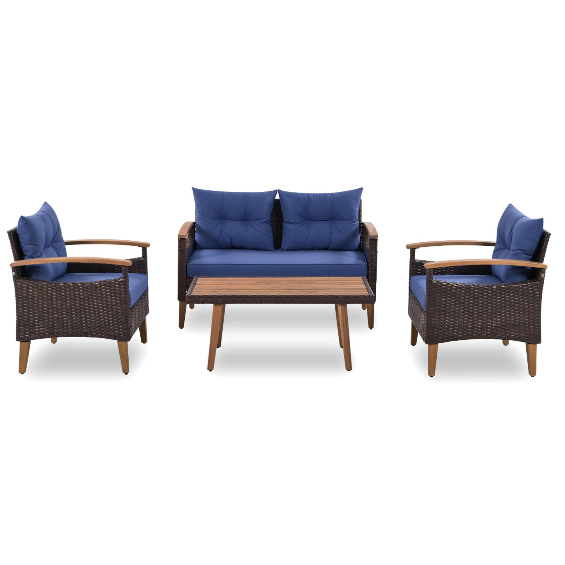 4 Piece Garden Furniture, Patio Seating Set, Pe Rattan Outdoor Sofa Set, Wood Table And Legs, Brown And Blue Yes Blue Shredded Polyurethane Foam Polyester,Wicker