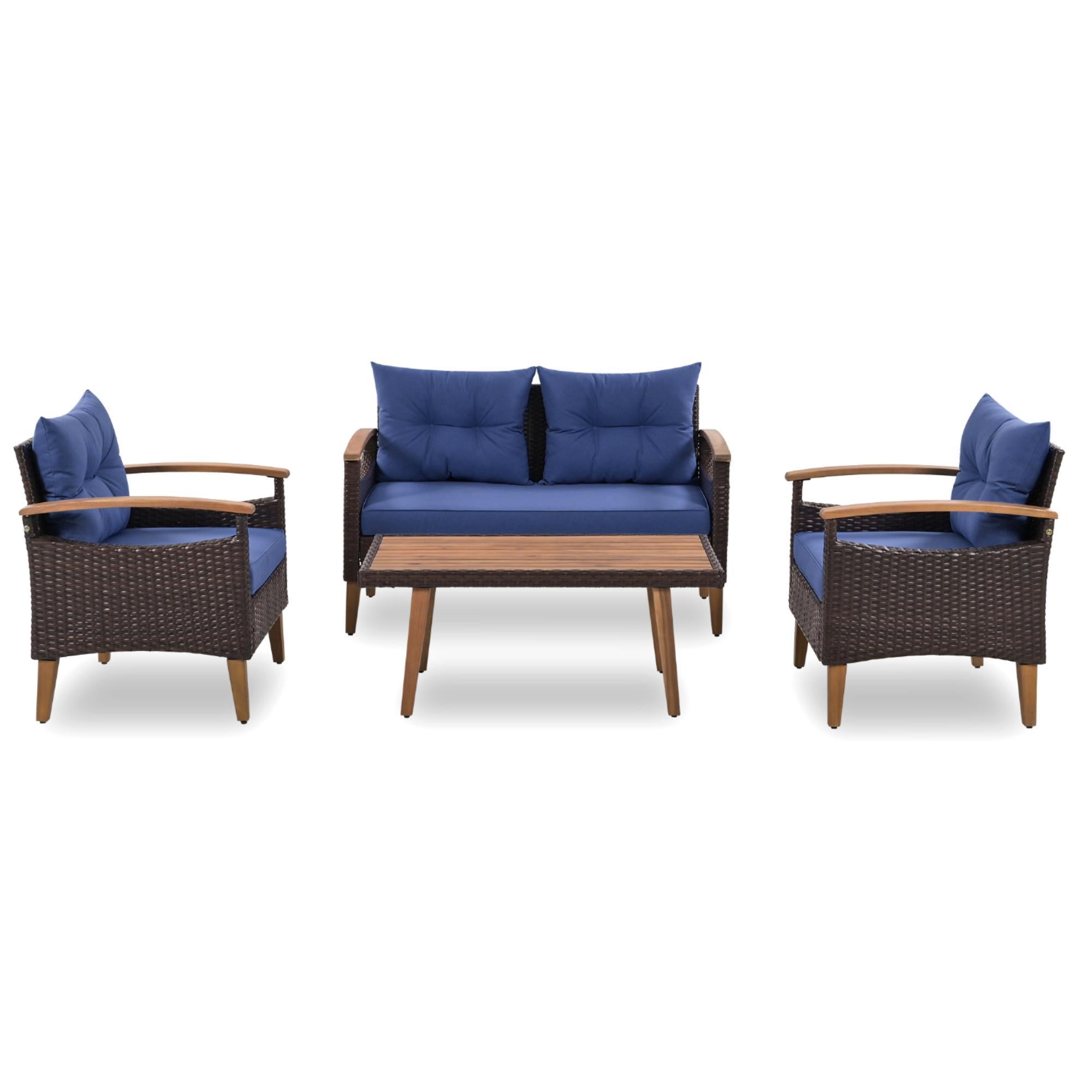 4 Piece Garden Furniture, Patio Seating Set, PE yes-blue-wicker