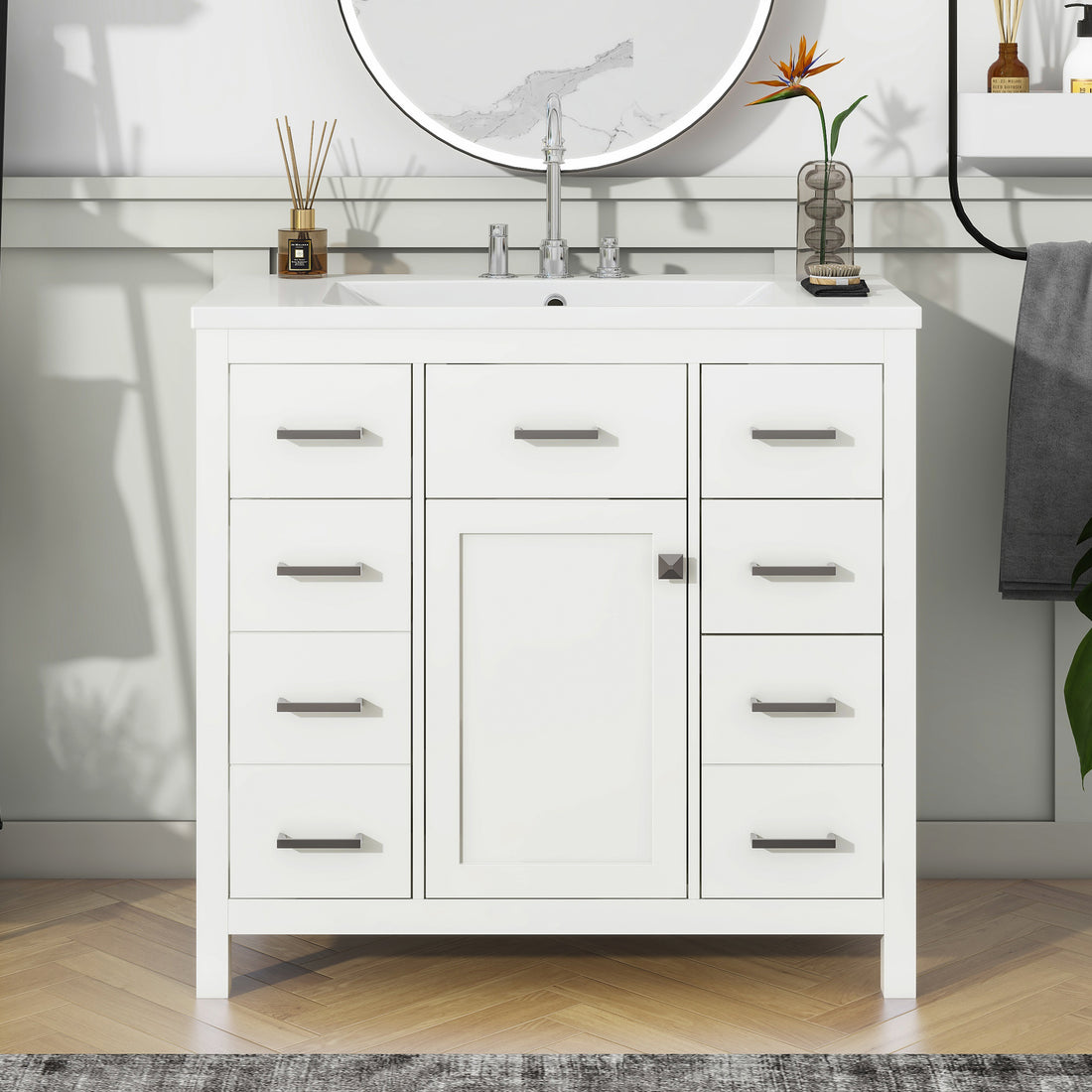 36 Inch Modern Bathroom Vanity Cabinet With Multifunctional Storage Space 5 Drawers And 1 Door White Solid Wood Mdf Resin