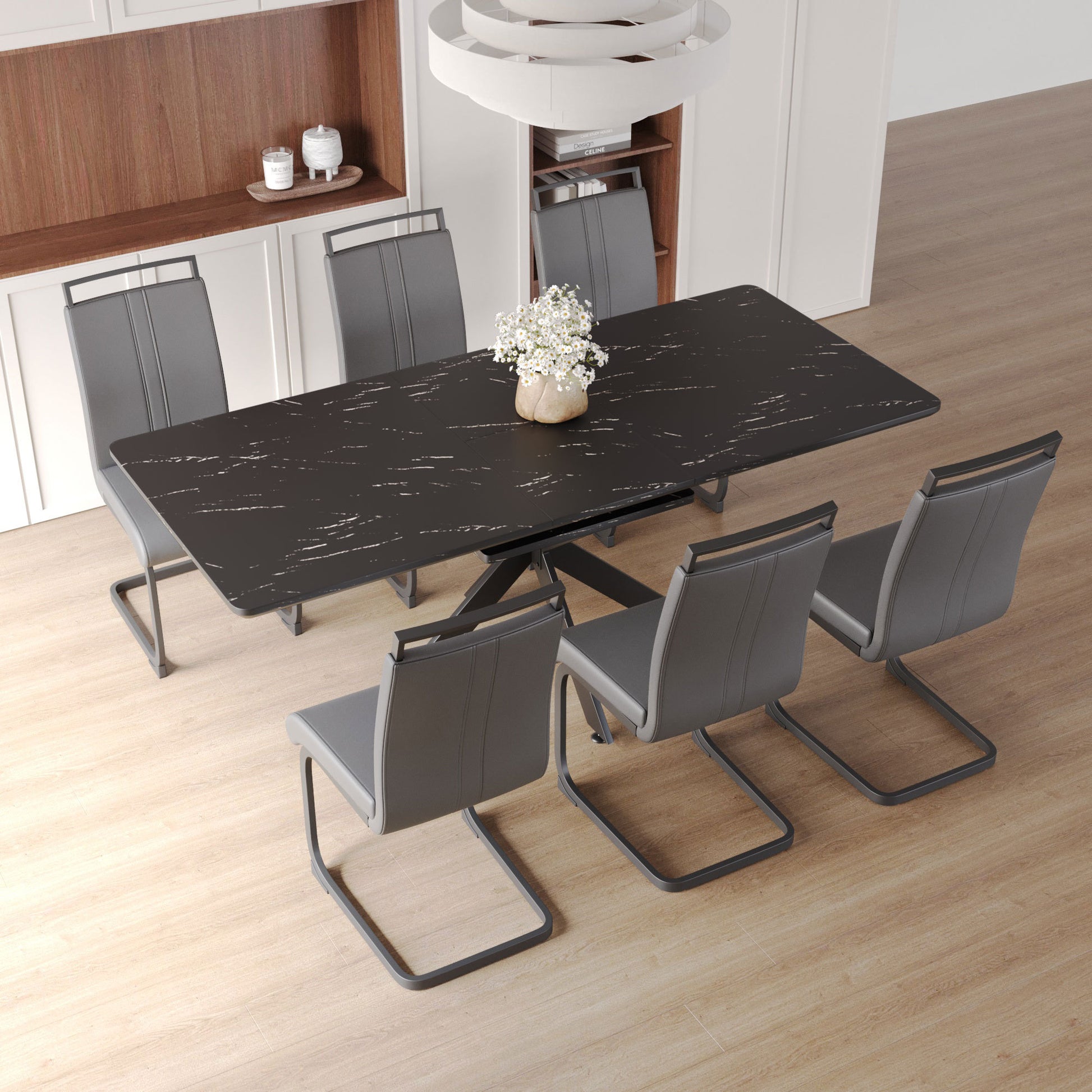 Extendable Dining Table Table Set For 6 8 Person For Dining Room,C Shaped Tube Soft Padded Armless Dining Chairs And Very Large Dining Room Table Kitchen Table Chair Set With Metal Legs Black Gray Mdf Metal