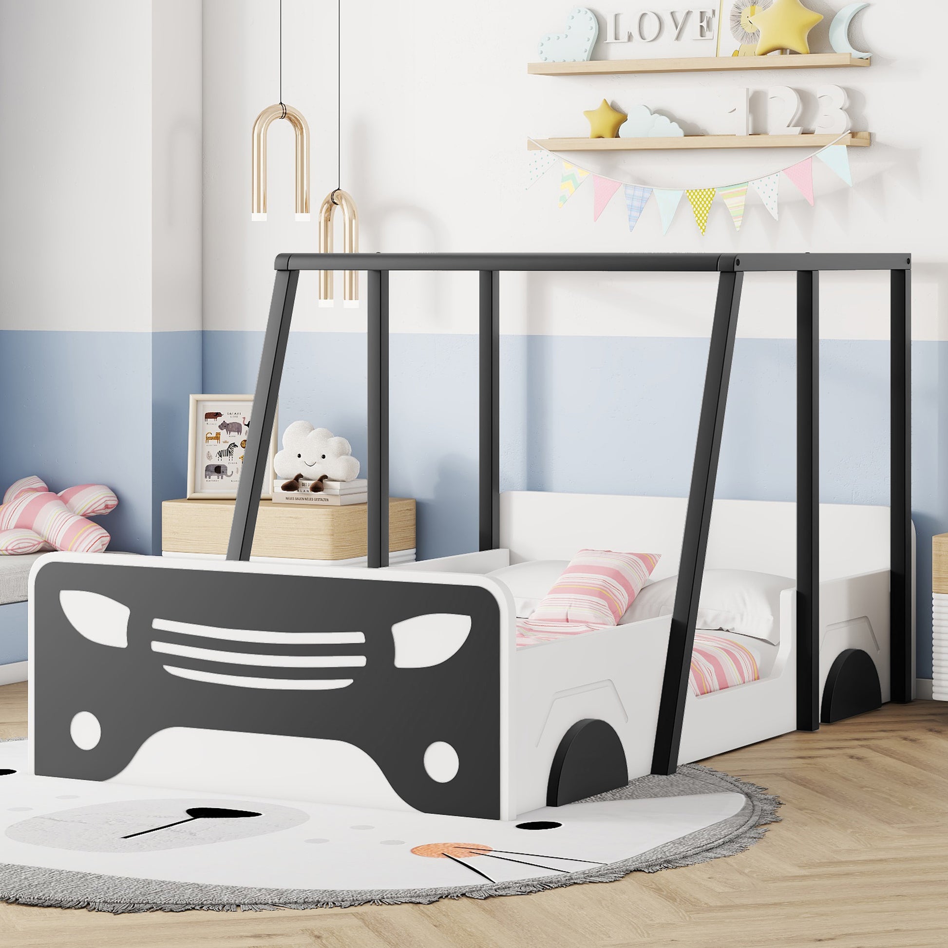 Twin Size Car Shaped Bed With Roof,Wooden Twin Floor Bed With Wheels And Door Design,Montessori Inspired Bedroom,Black Twin Black American Design Pine