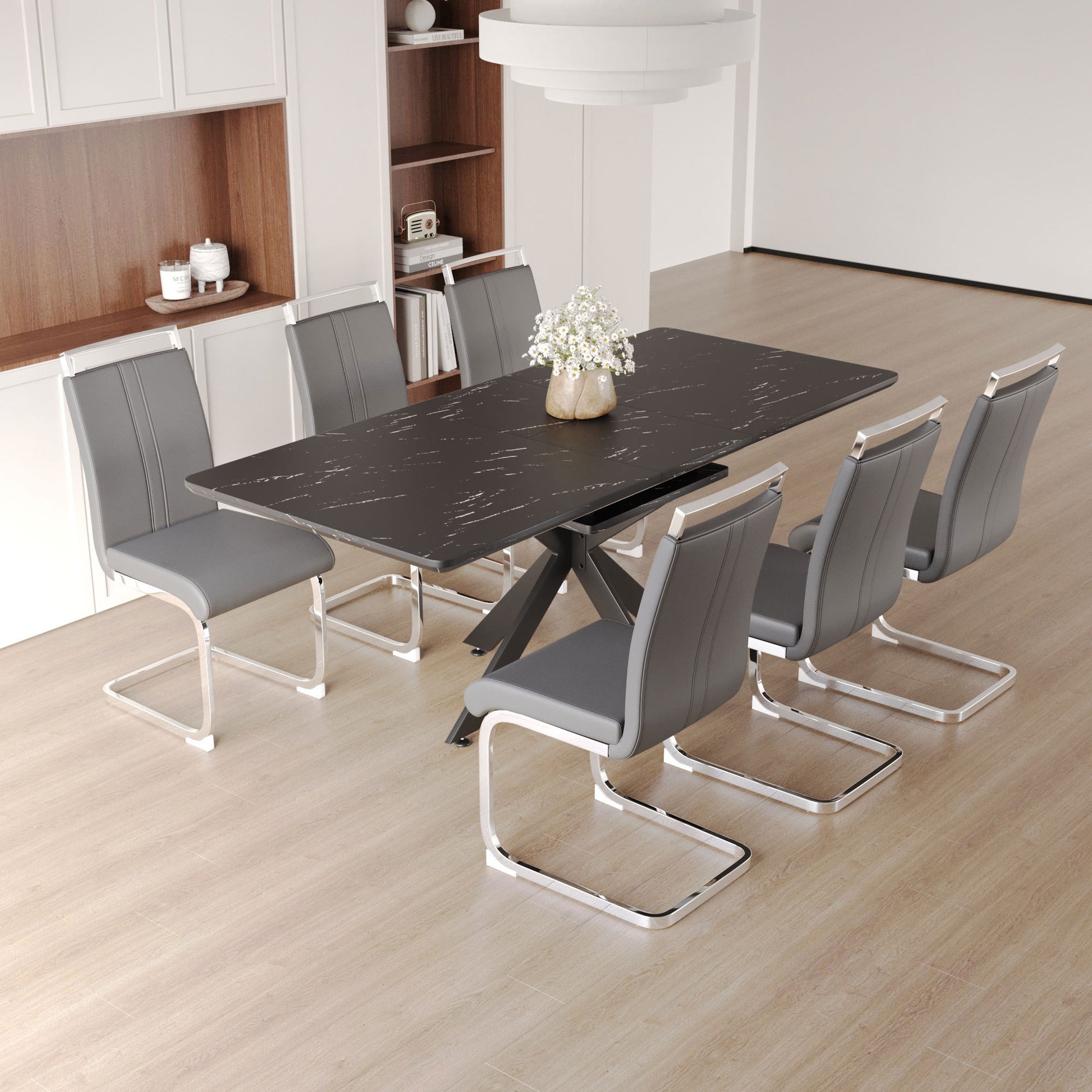 Extendable Dining Table Table Set for 6 8 Person for black+ gray-mdf+metal