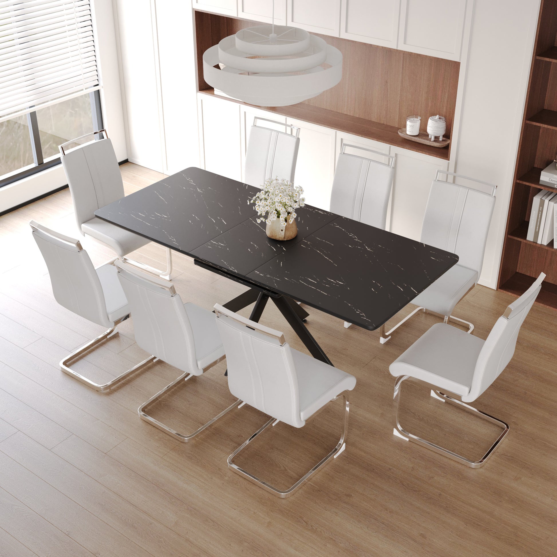 Extendable Dining Table Table Set for 6 8 Person for black white-mdf+metal