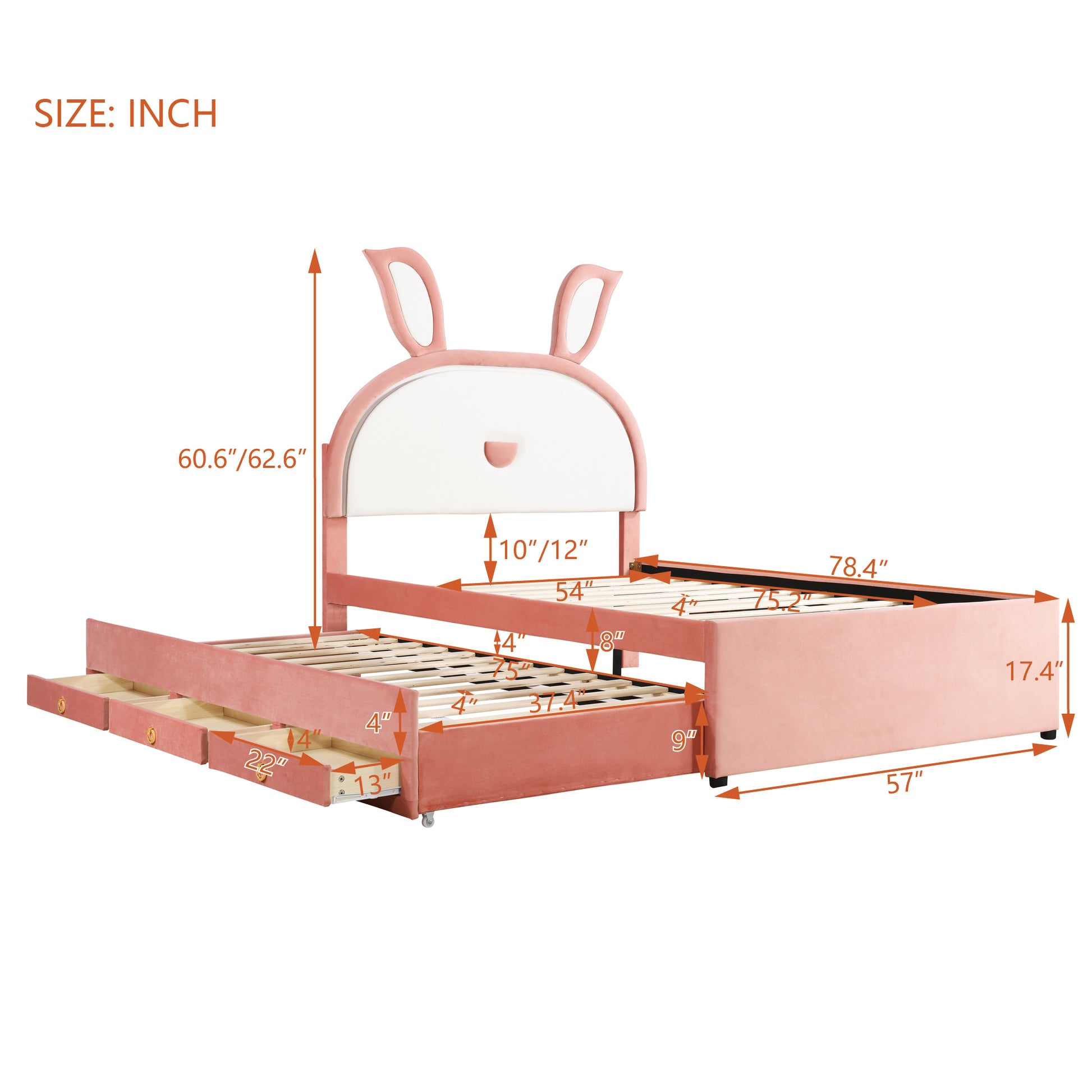 Full Size Upholstered Platform Bed With Trundle And 3 Drawers, Rabbit Shaped Headboard With Embedded Led Lights, Pink Pink Velvet