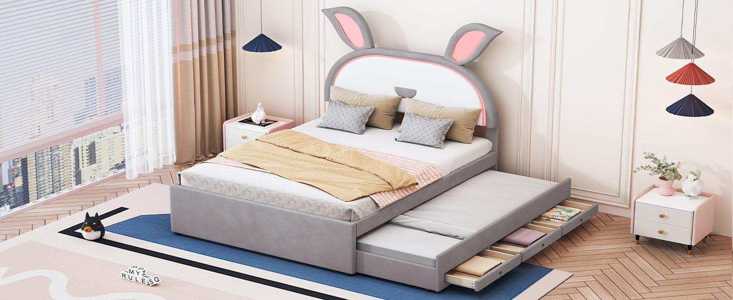 Full Size Upholstered Platform Bed With Trundle And 3 Drawers, Rabbit Shaped Headboard With Embedded Led Lights, Gray Gray Velvet