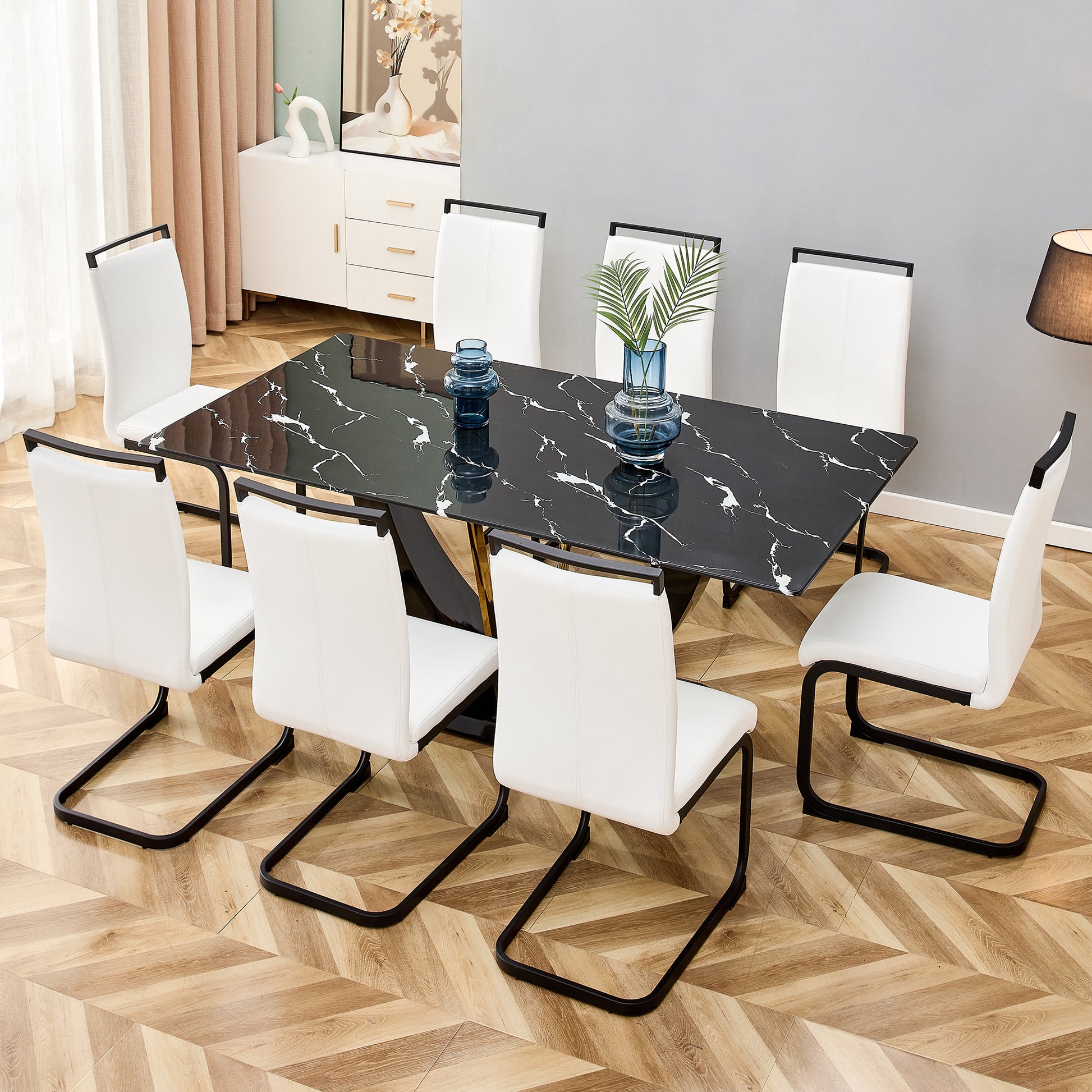 Modern Minimalist And Luxurious Black Imitation Marble Texture Dining Table Rectangular Office Desk.Game Desk .Desk.For Dining Room, Living Room, Terrace, Kitchen F 907 Black Mdf Glass