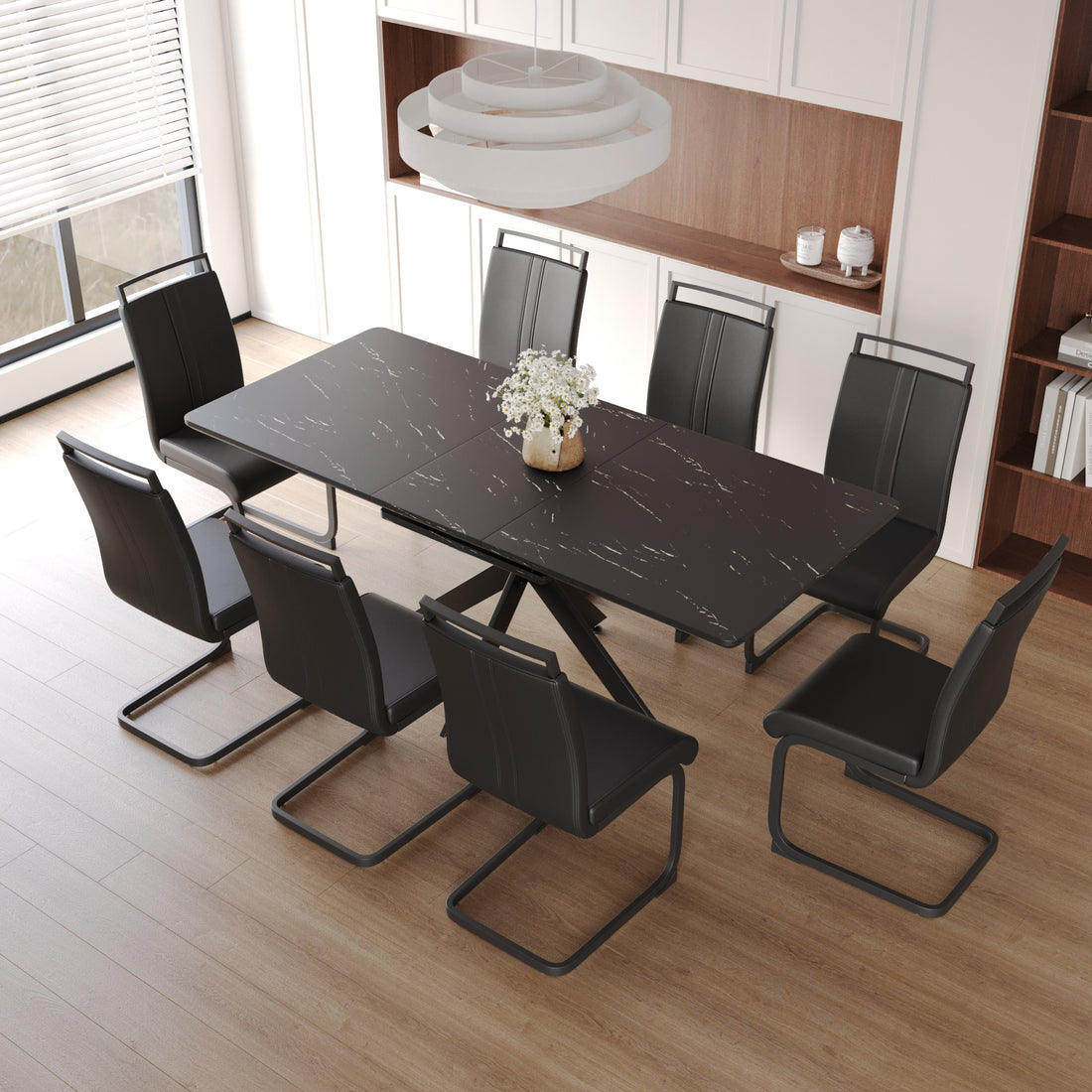 Extendable Dining Table Table Set For 6 8 Person For Dining Room,C Shaped Tube Soft Padded Armless Dining Chairs And Very Large Dining Room Table Kitchen Table Chair Set With Metal Legs Black Mdf Metal