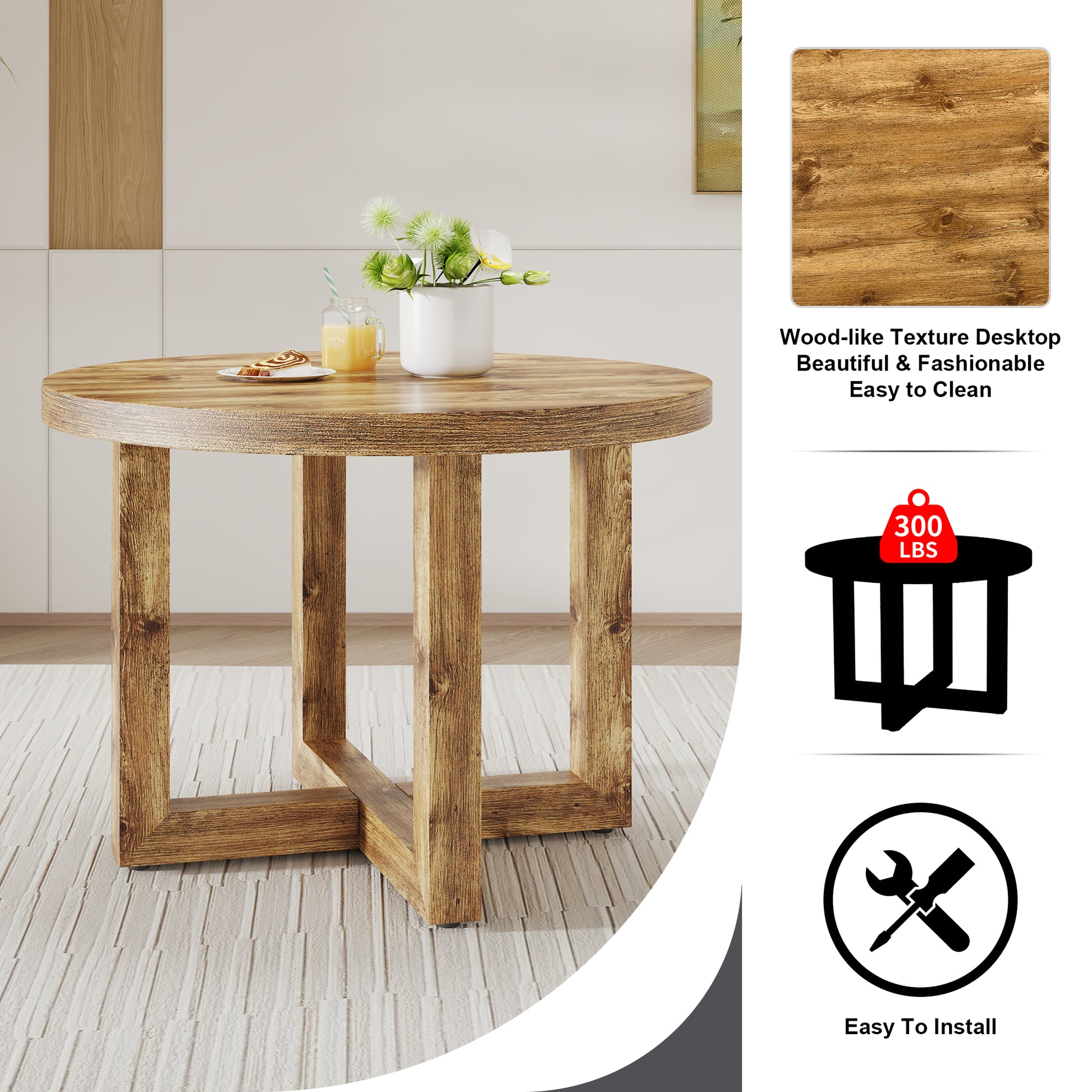 A Modern And Practical Circular Dining Table. Made Of Mdf Tabletop And Wooden Mdf Table Legs. Suitable For Living Room And Bedroom. 42 Inches * 42 Inches * 30 Inches Natural Wood Mdf