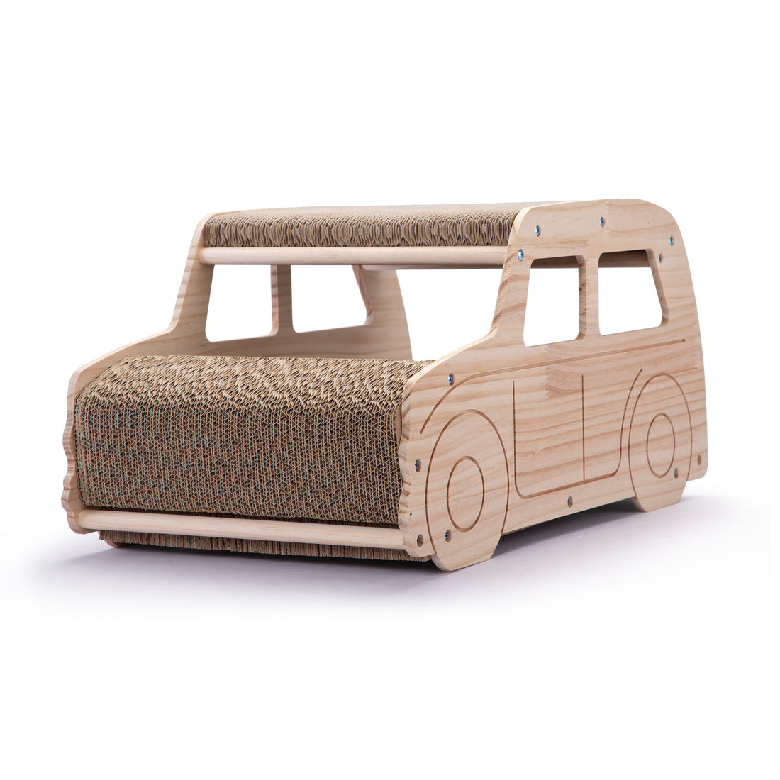 2 In 1 Wood Corrugate Cat Scratcher, Cardboard Cat House, Reversible Car Shaped Scratch Furniture Protector Natural Wood