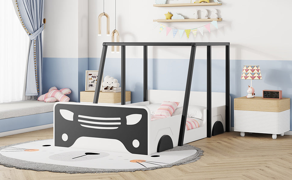 Twin Size Car Shaped Bed With Roof,Wooden Twin Floor Bed With Wheels And Door Design,Montessori Inspired Bedroom,Black Twin Black American Design Pine