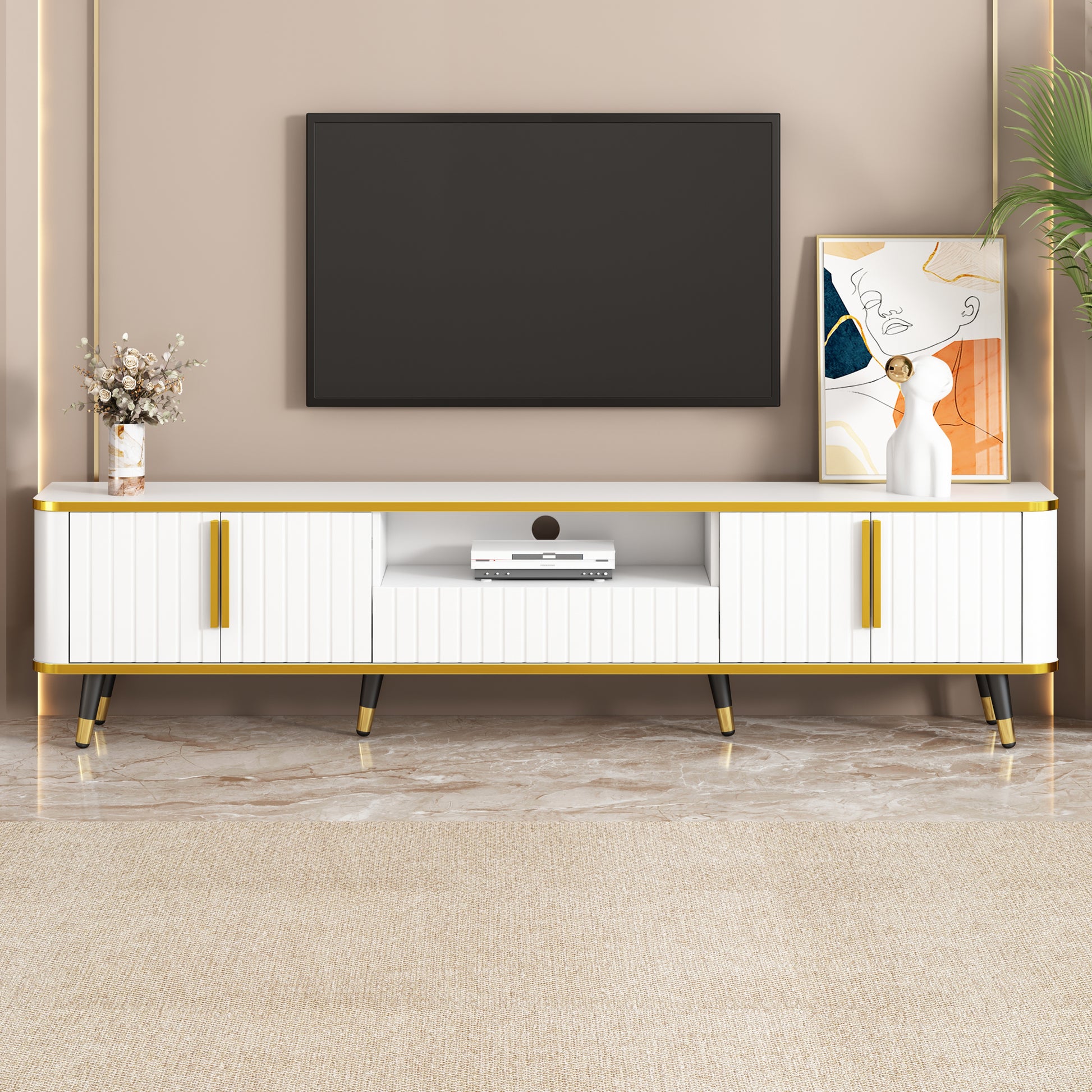 Luxury Minimalism Tv Stand With Open Storage Shelf For Tvs Up To 85", Entertainment Center With Cabinets And Drawers, Practical Media Console With Unique Legs For Living Room, White White Gold Primary Living Space 80 89 Inches 80 89 Inches 85 Inches