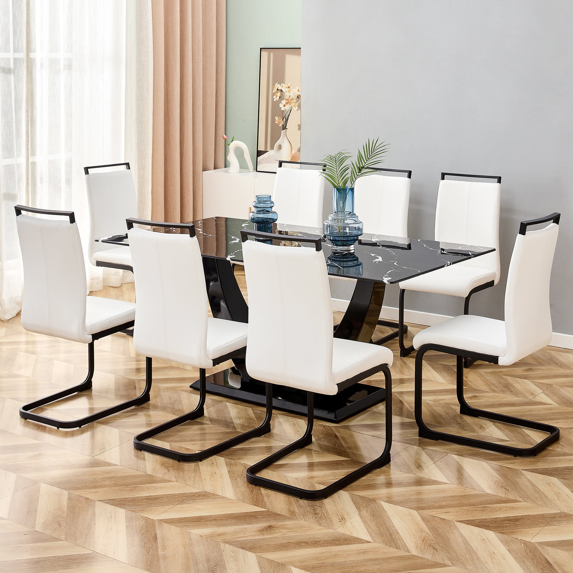 Modern Minimalist And Luxurious Black Imitation Marble Texture Dining Table Rectangular Office Desk.Game Desk .Desk.For Dining Room, Living Room, Terrace, Kitchen F 907 Black Mdf Glass