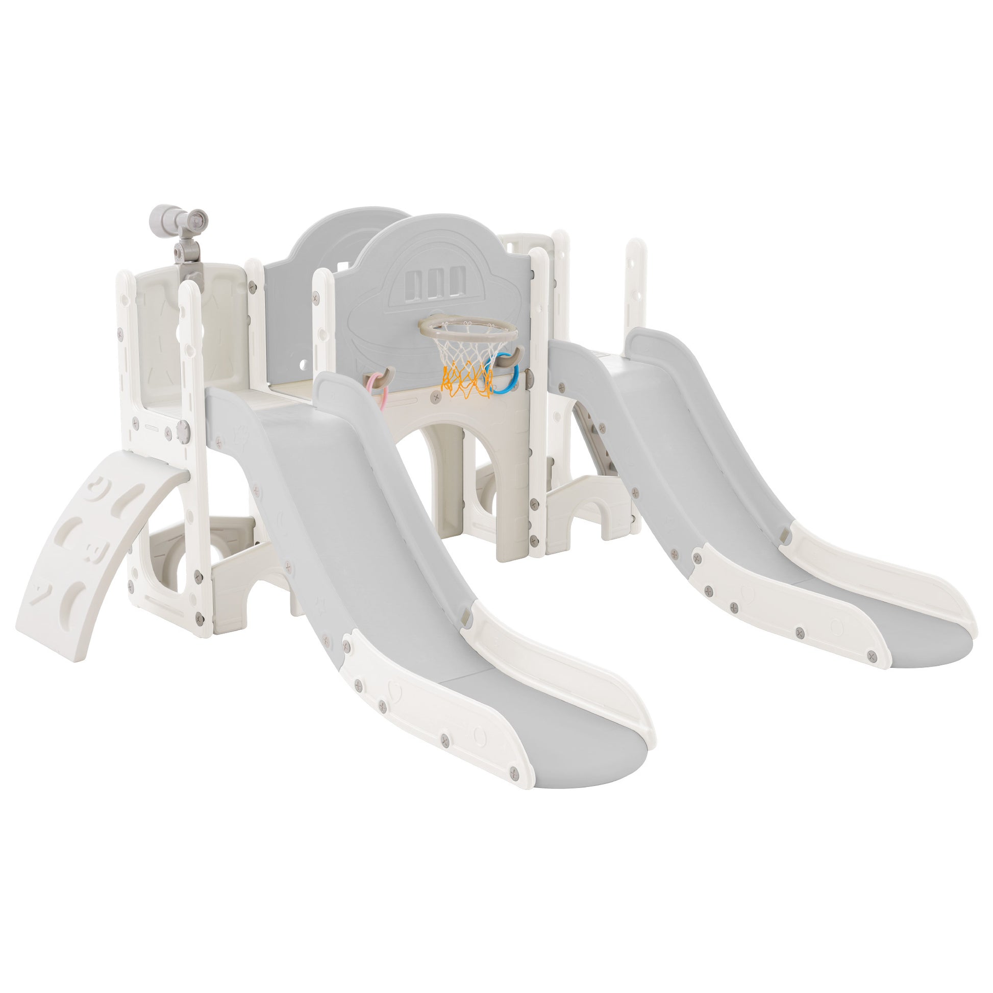 Kids Slide Playset Structure 7 In 1, Freestanding Space Set With Slide, Arch Tunnel, Ring Toss And Basketball Hoop,Double Slides For Toddlers, Kids Climbers Playground Grey White Hdpe