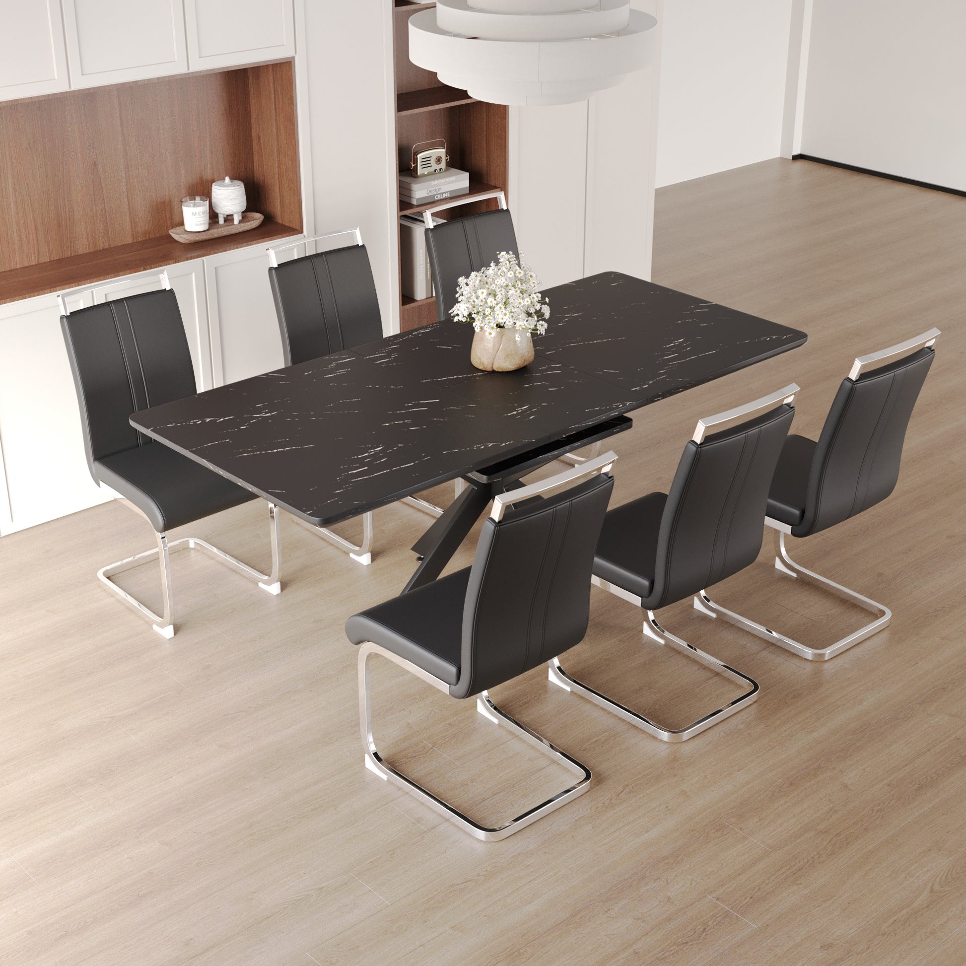 extensible Dining Table Table Set for 6 8 Person for black-mdf+metal