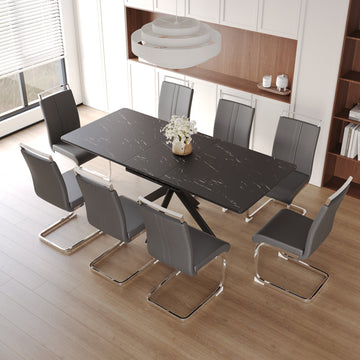 62.4" Extendable 78.15" Dining Table Set For 6 8 Person For Dining Room,C Shaped Tube Soft Padded Armless Dining Chair And Very Large Dining Room Table Kitchen Table Chair Set With Metal Legs Black