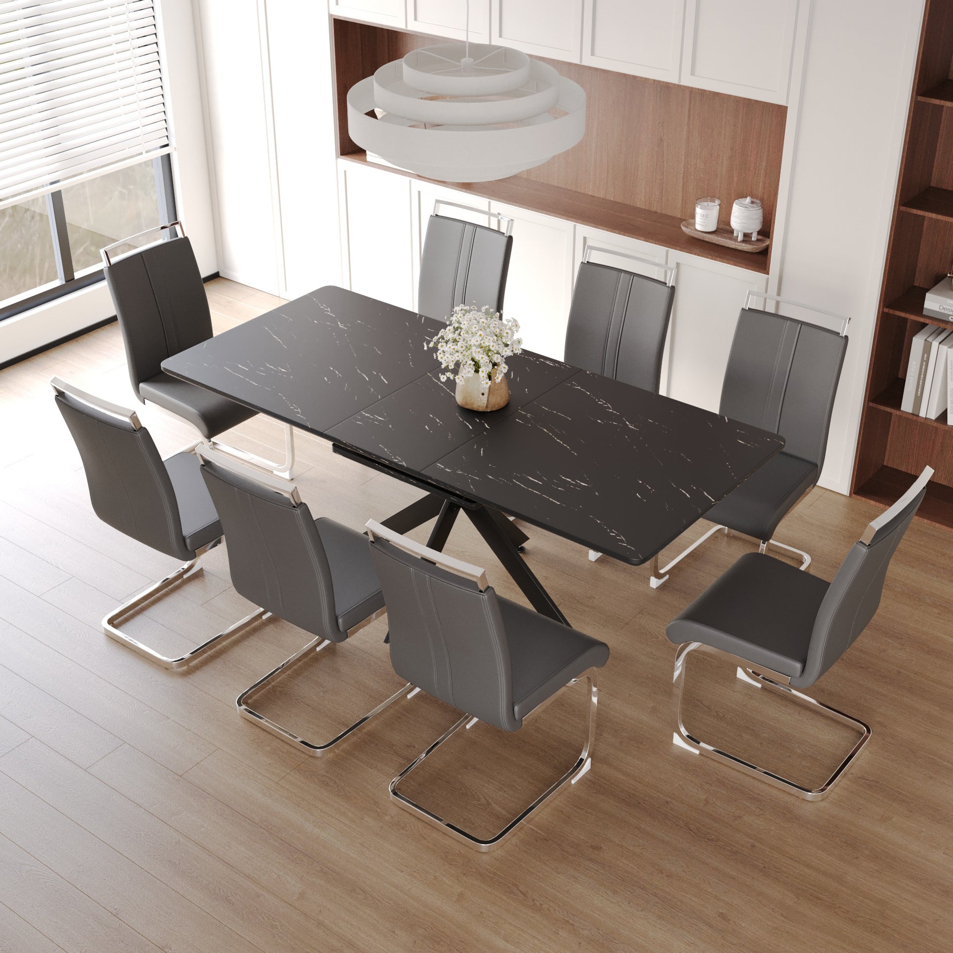 Extendable Dining Table Table Set for 6 8 Person for black+ gray-mdf+metal