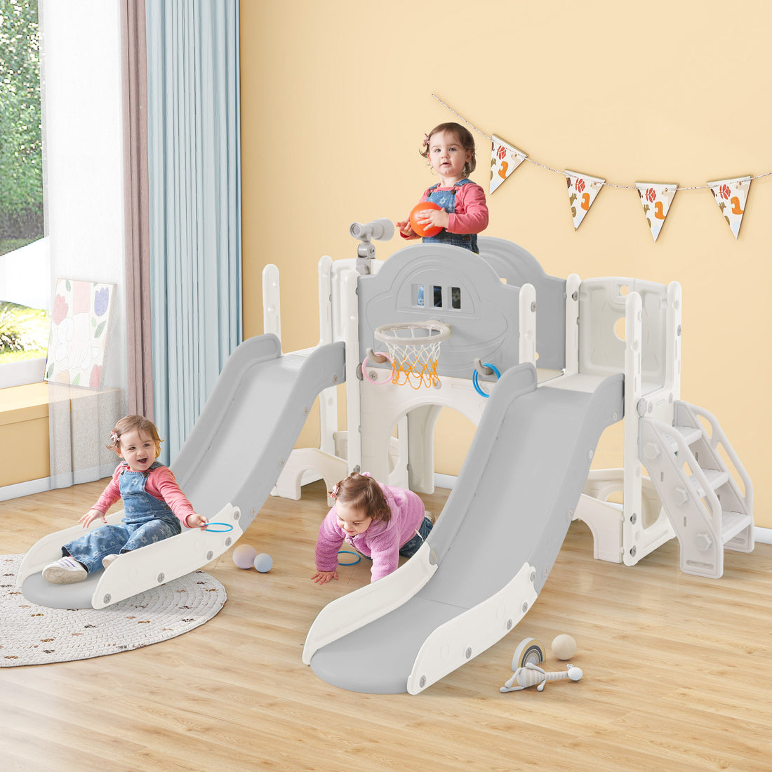 Kids Slide Playset Structure 7 In 1, Freestanding Space Set With Slide, Arch Tunnel, Ring Toss And Basketball Hoop,Double Slides For Toddlers, Kids Climbers Playground Grey White Hdpe