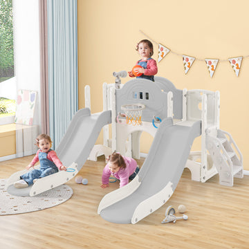 Kids Slide Playset Structure 7 In 1, Freestanding Space Set With Slide, Arch Tunnel, Ring Toss And Basketball Hoop,Double Slides For Toddlers, Kids Climbers Playground Grey White Hdpe