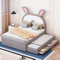 Full Size Upholstered Platform Bed With Trundle And 3 Drawers, Rabbit Shaped Headboard With Embedded Led Lights, Gray Gray Velvet