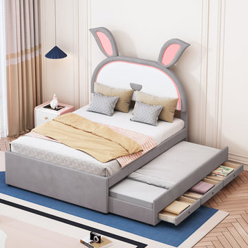 Full Size Upholstered Platform Bed With Trundle And 3 Drawers, Rabbit Shaped Headboard With Embedded Led Lights, Gray Gray Velvet