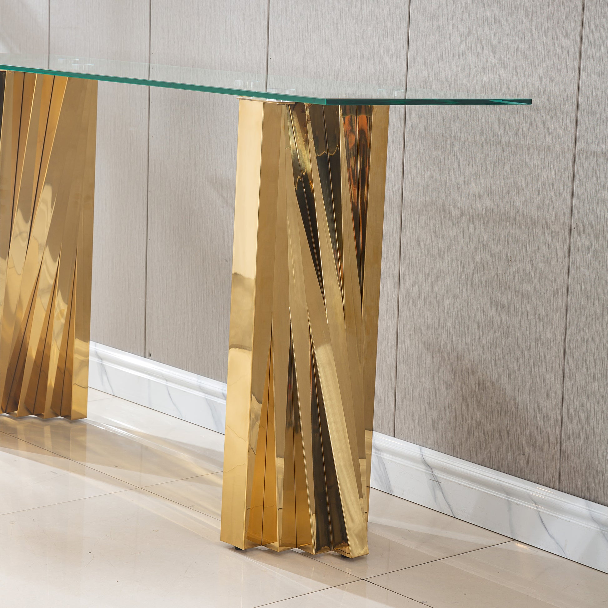 Tempered Glass Top Console Table With Gold Mirror Finish Stainless Steel Base Gold Tempered Glass