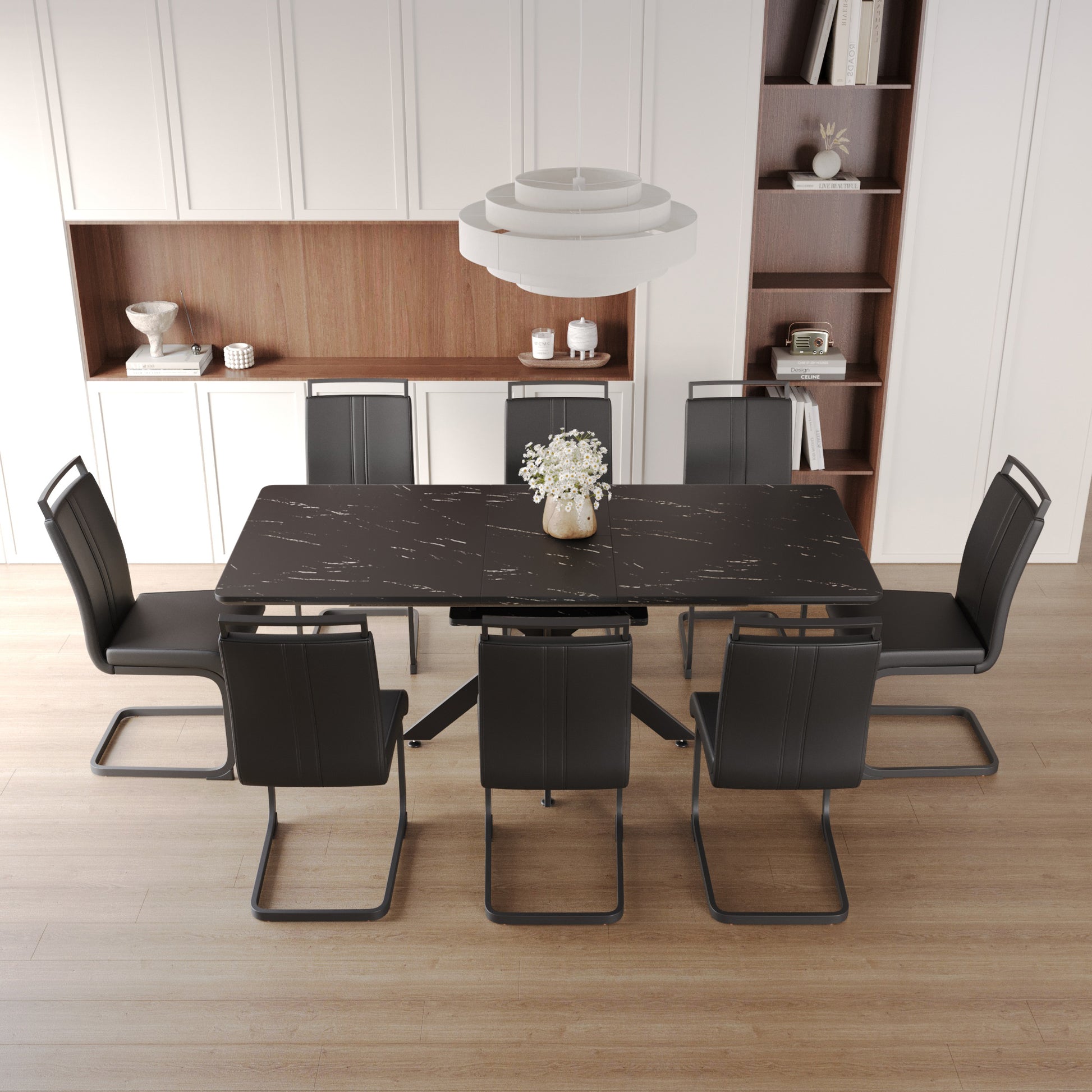 Extendable Dining Table Table Set for 6 8 Person for black-mdf+metal