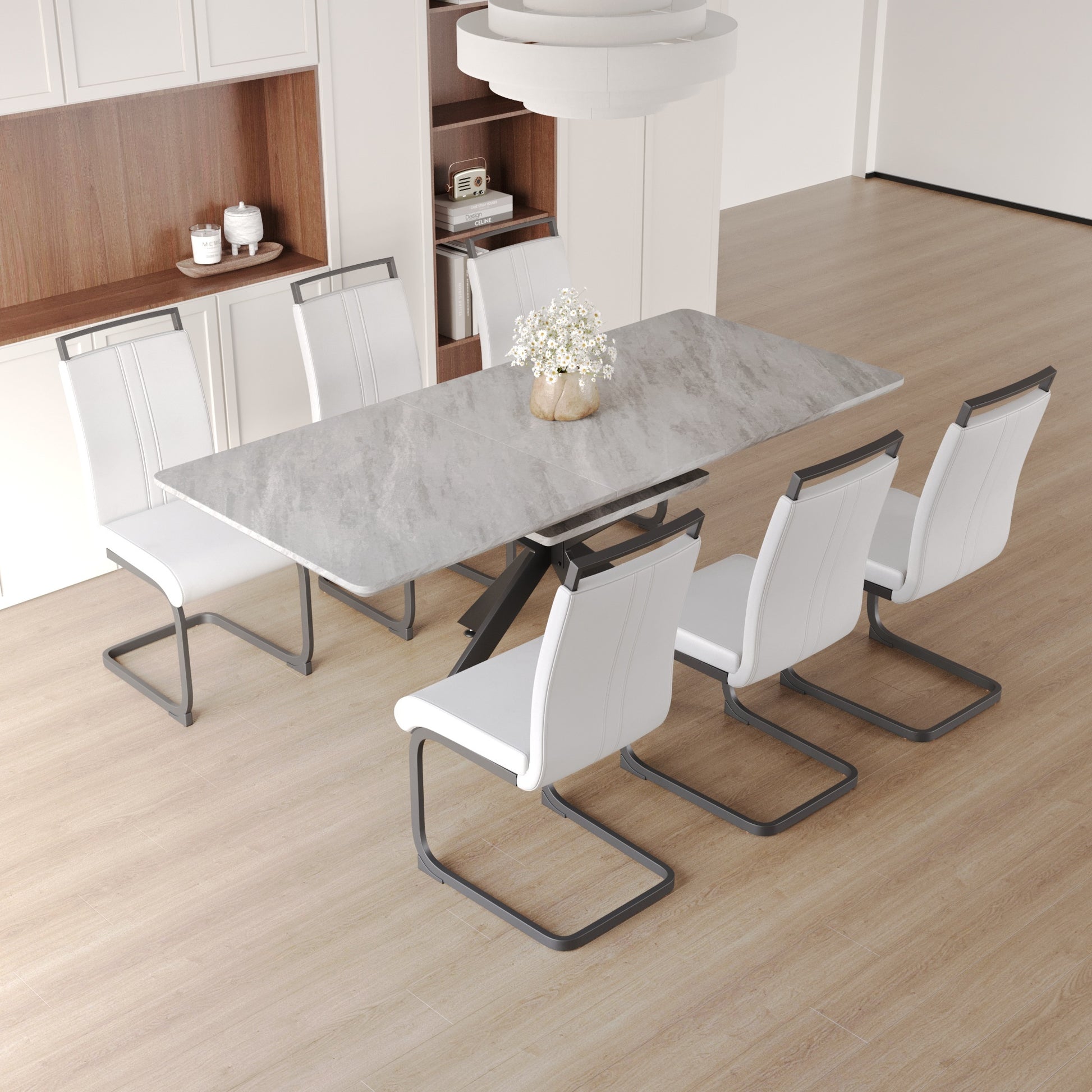 Scalable Dining Table Table Set For 6 8 Person For Dining Room,C Shaped Tube Soft Padded Armless Dining Chairs And Very Large Dining Room Table Kitchen Table Chair Set With Metal Legs Grey White Mdf Metal