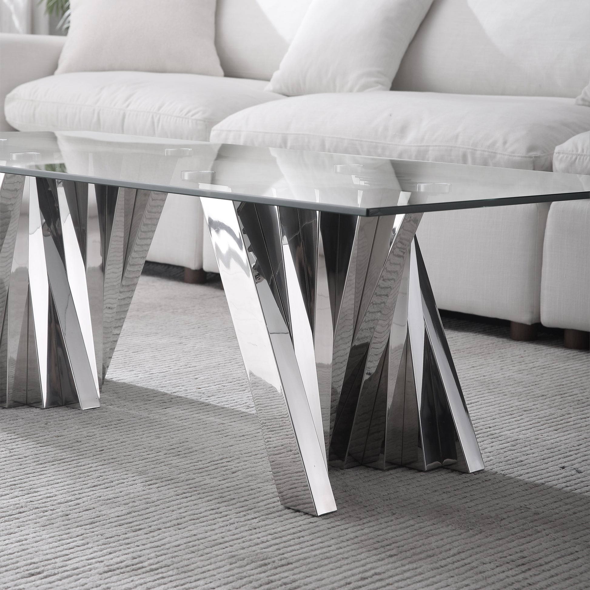 Tempered Glass Top Coffee Table With Silver Mirror Finish Stainless Steel Base Silver Tempered Glass