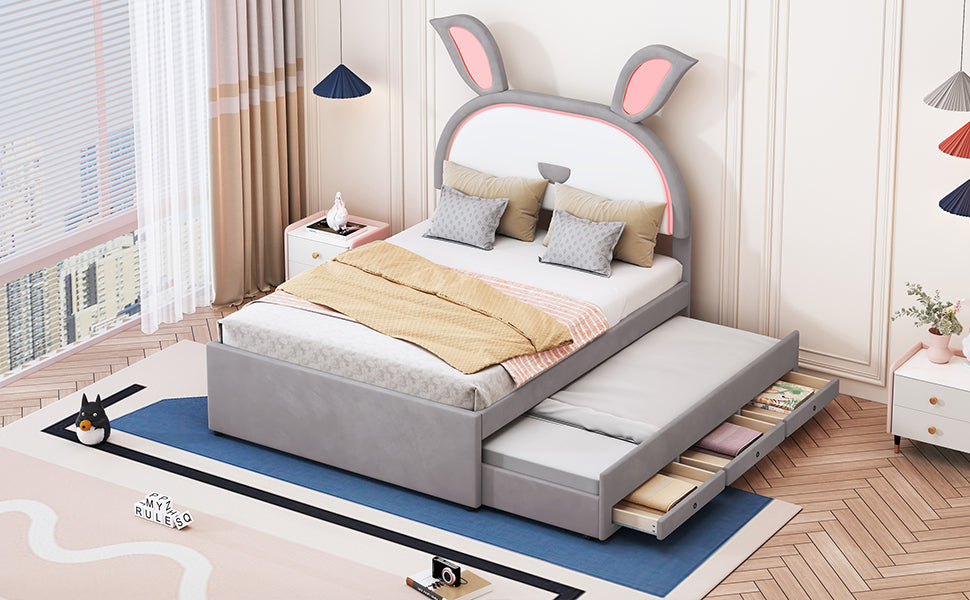 Full Size Upholstered Platform Bed With Trundle And 3 Drawers, Rabbit Shaped Headboard With Embedded Led Lights, Gray Gray Velvet
