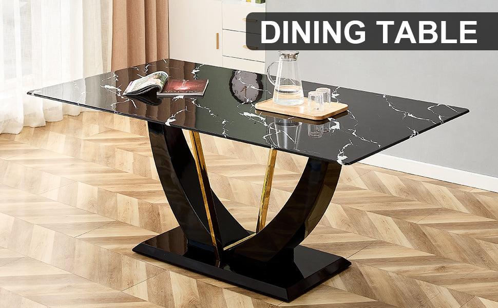 Modern Minimalist And Luxurious Black Imitation Marble Texture Dining Table Rectangular Office Desk.Game Desk .Desk.For Dining Room, Living Room, Terrace, Kitchen F 907 Black Mdf Glass