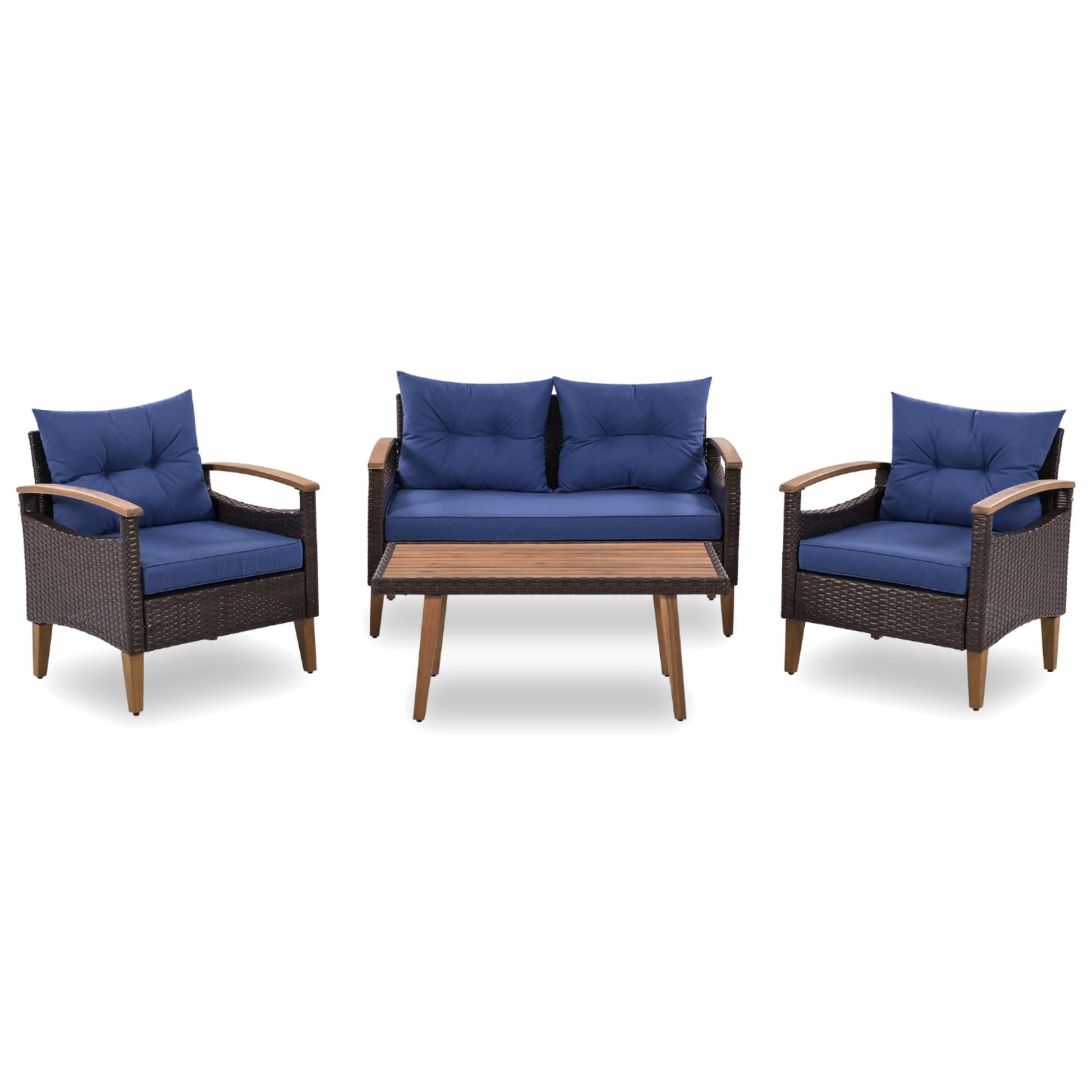 4 Piece Garden Furniture, Patio Seating Set, Pe Rattan Outdoor Sofa Set, Wood Table And Legs, Brown And Blue Yes Blue Shredded Polyurethane Foam Polyester,Wicker