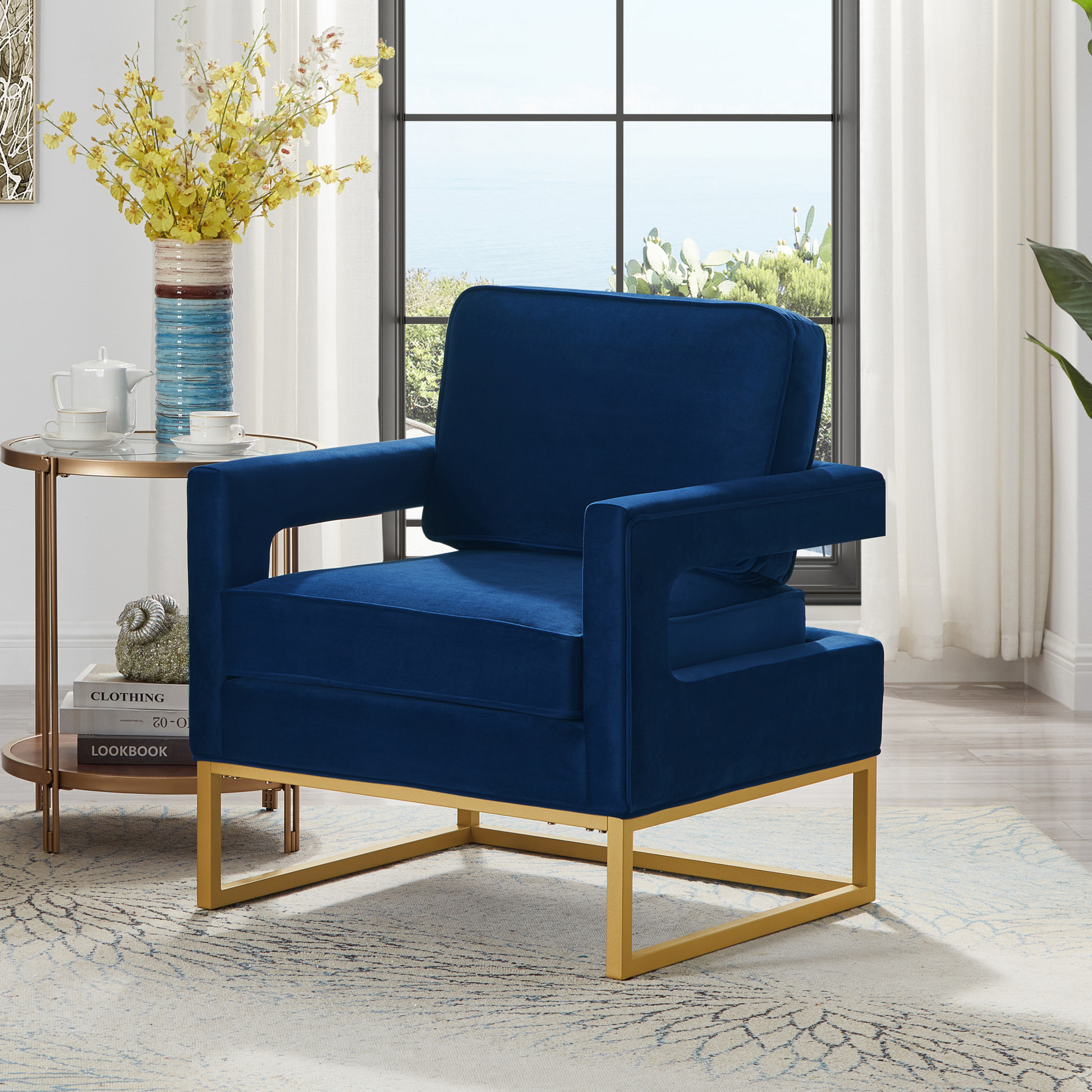 Modern Style Accent Chair With Gold Metal Basevelvet Upholstered Leisure Chair With Open Armrest, Armchair, Navy Navy Primary Living Space Modern Foam Velvet
