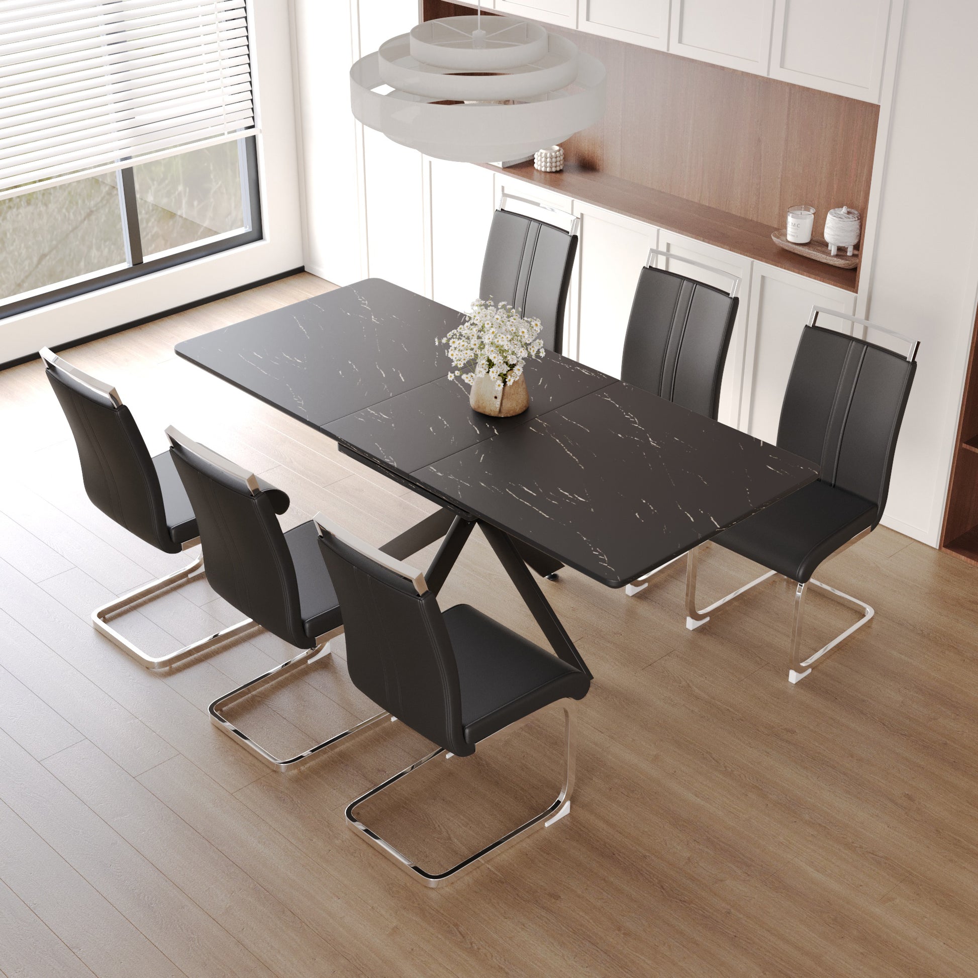 extensible Dining Table Table Set for 6 8 Person for black-mdf+metal