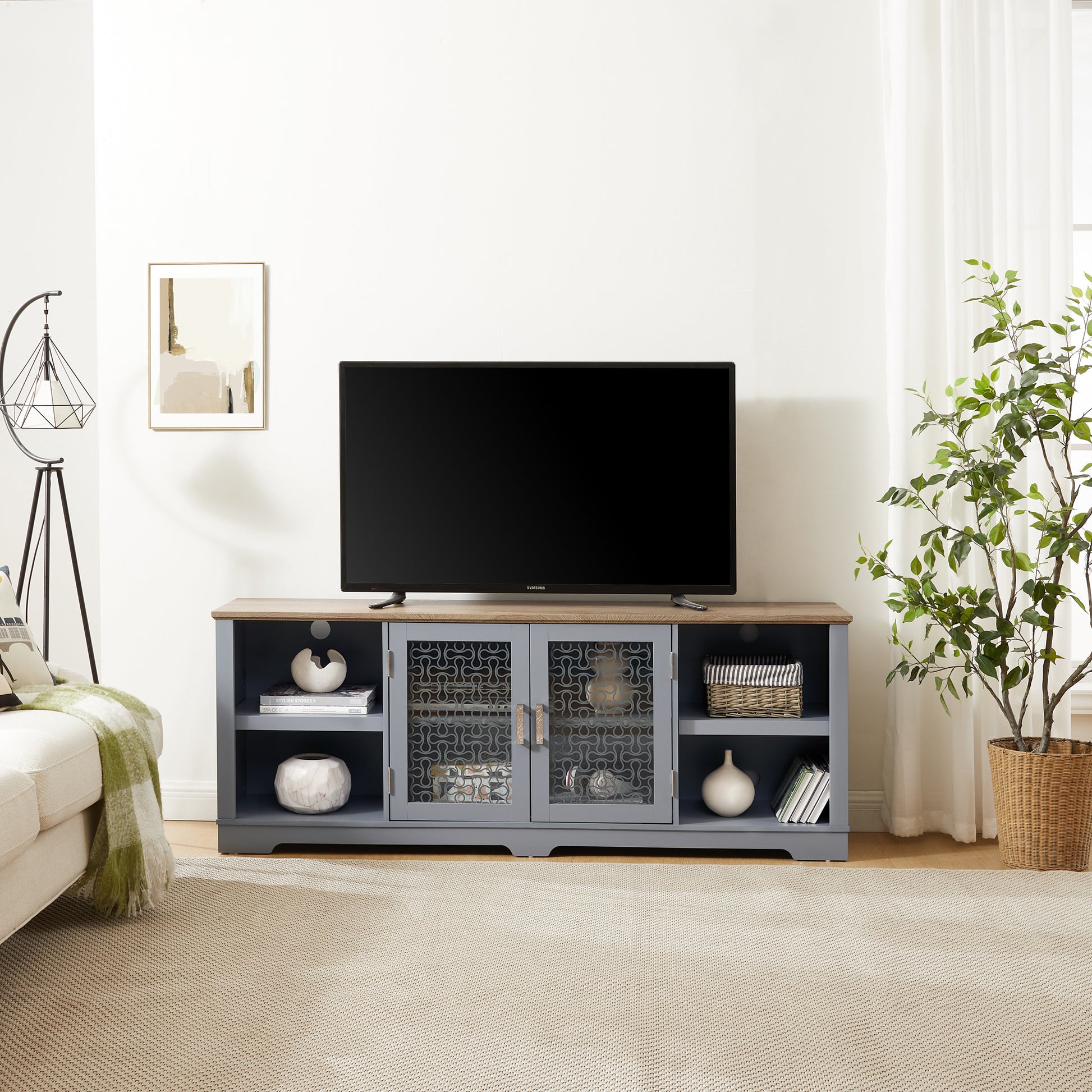 Modern Farmhouse Tv Media Stand, Large Home Entertainment Console, For Tv Up To 80'', With Open Shelves And Glass Door Cabinets, Light Blue And Light Oak, 70"W*15.55"D*26.85"H Light Blue 70 79 Inches 80 Inches Mdf